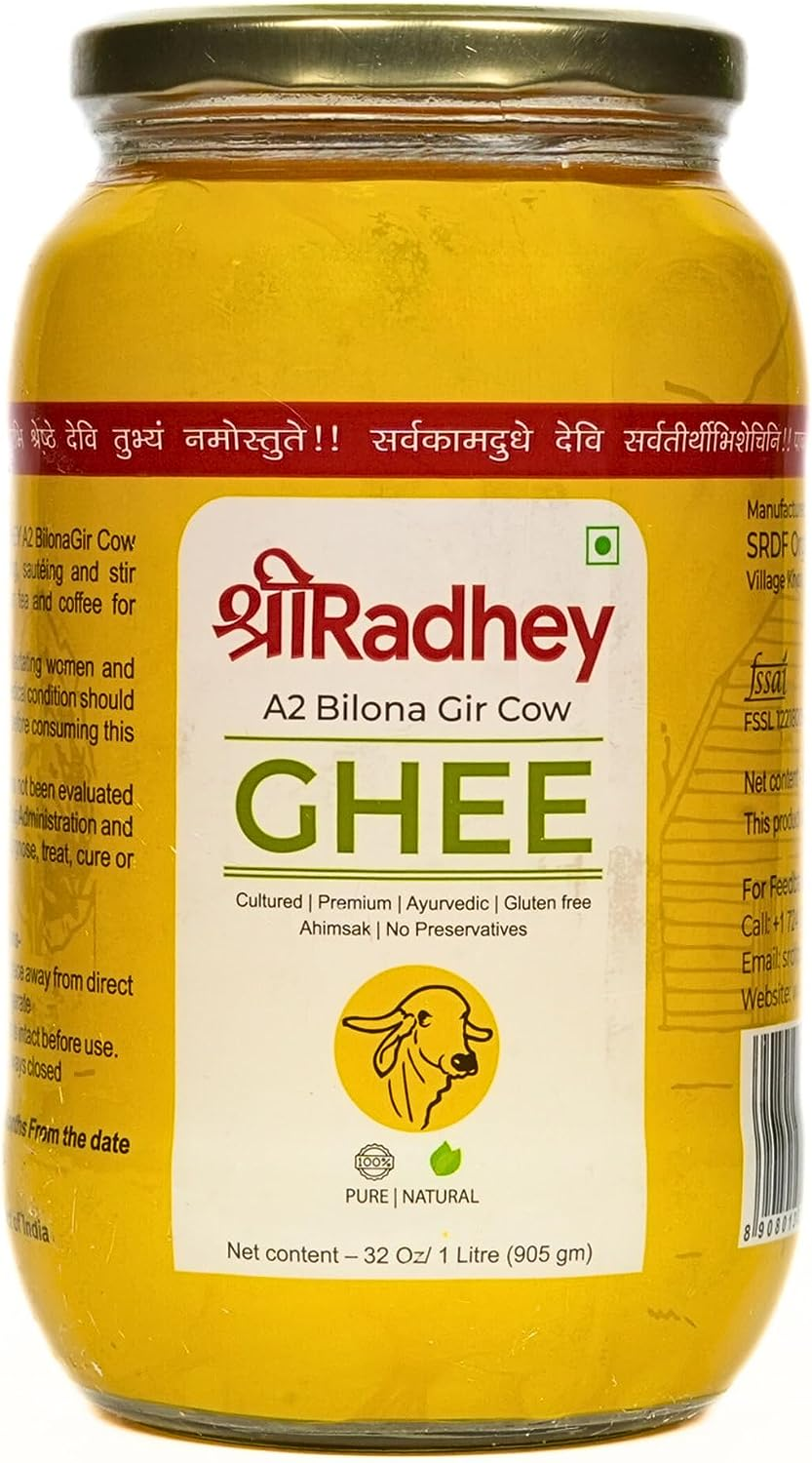 SHREERADHEY A2 Bilona Gir Cow Ghee | 1 Litre X 2 | Glass Bottle | Traditional Bilona Method | Lactose and Gluten Free | Keto Friendly image number 3