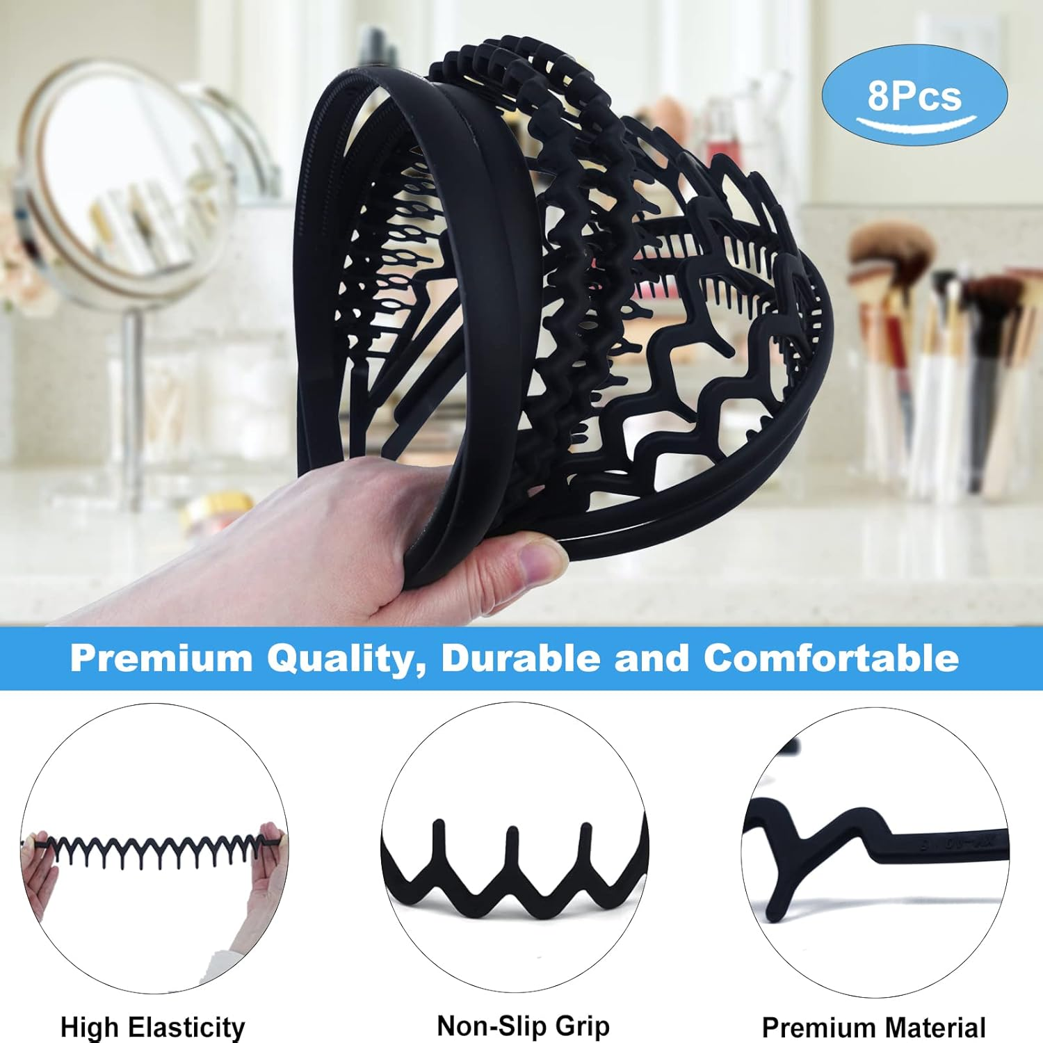Dazzhues 8Pcs Headband with Sharks Teeth Comb - Matte Black Fashion Hair Accessories for Women and Men image number 6