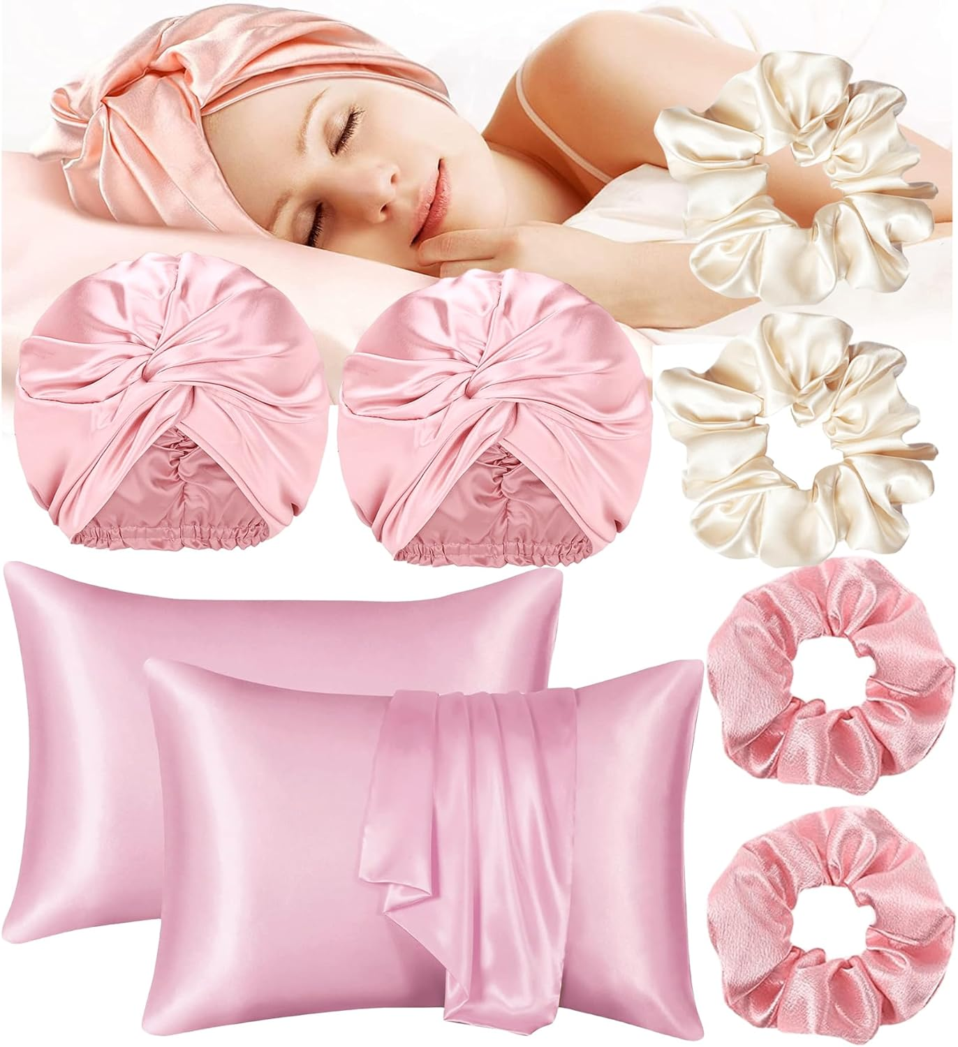 8Pack Satin Bonnet Silk Cap Pillowcase Scrunchies Set, Natural Night Bonnet Hair Wrap with Elastic Stay on Head, Silk Pillow Cases Elastic Ponytail Holders for Women Girls image number 4