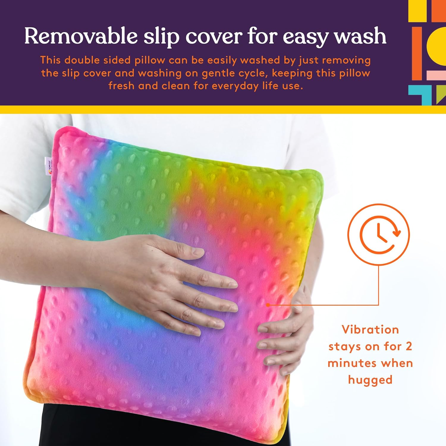 Special Supplies Vibrating Pillow Sensory Pressure Activated for Kids and Adults, 12&rdquo; X 12&rdquo; Plush Minky Soft Cover, Colorful image number 3