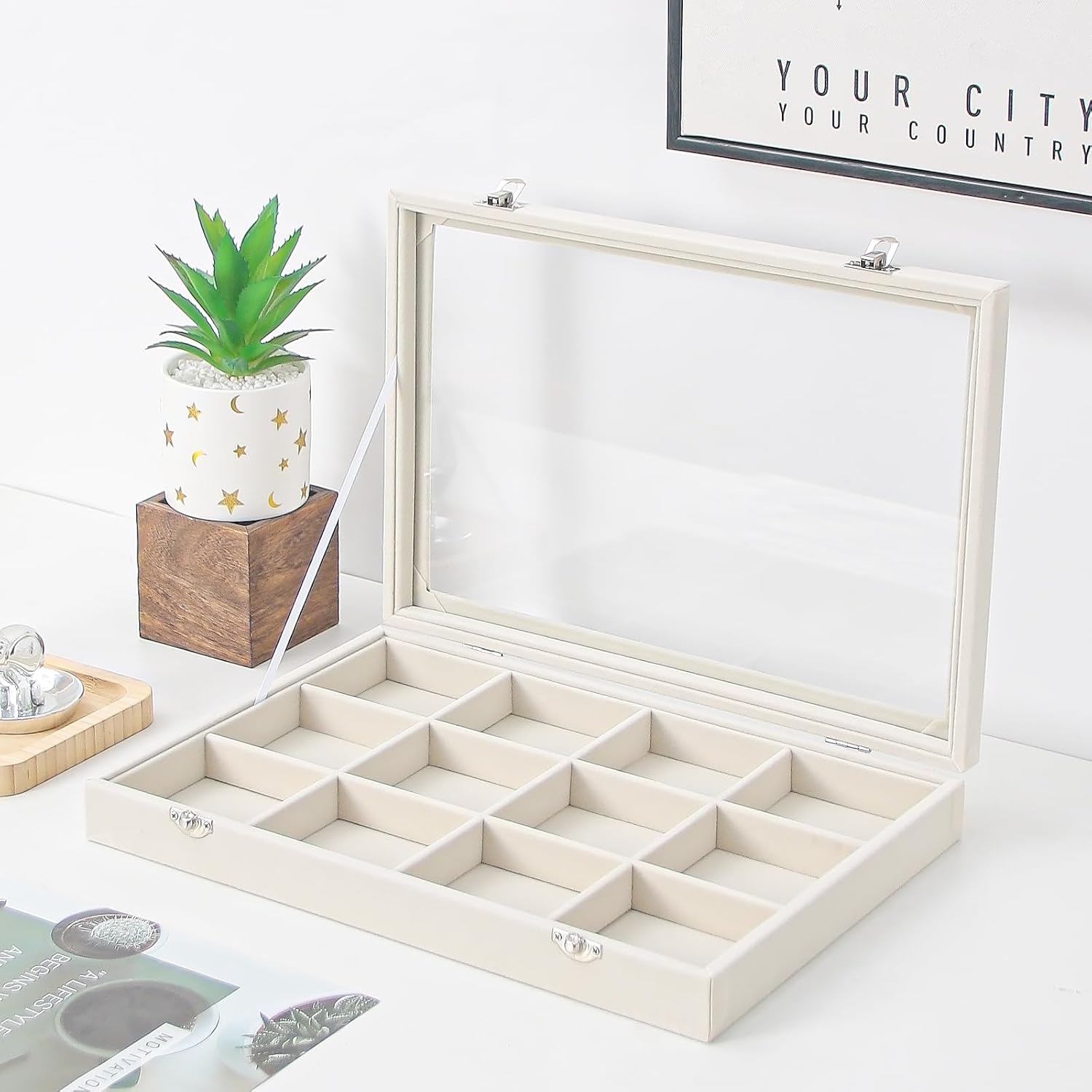 Coward Jewelry Organizer Box, Beige Velvet 12 Grids Bracelet Bangle Necklace Jewelry Display Tray Case with Transparent Glass Lid for Home Drawer Desk or Store Selling Show image number 6