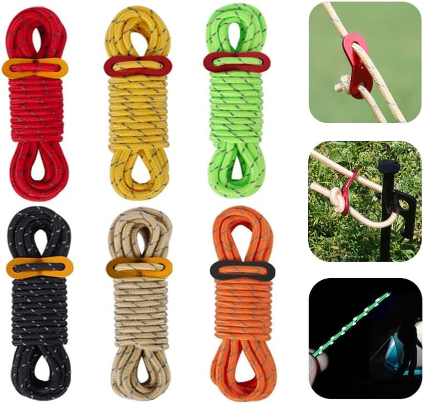 6-Pack Reflective Tent Guy Ropes, Betterjonny 4Mm*4M Reflective Nylon Cord with Aluminum Adjuster Light-Weight Tent Guide Lines Cord for Outdoor Tarp, Tent Fixing, Tent Rope