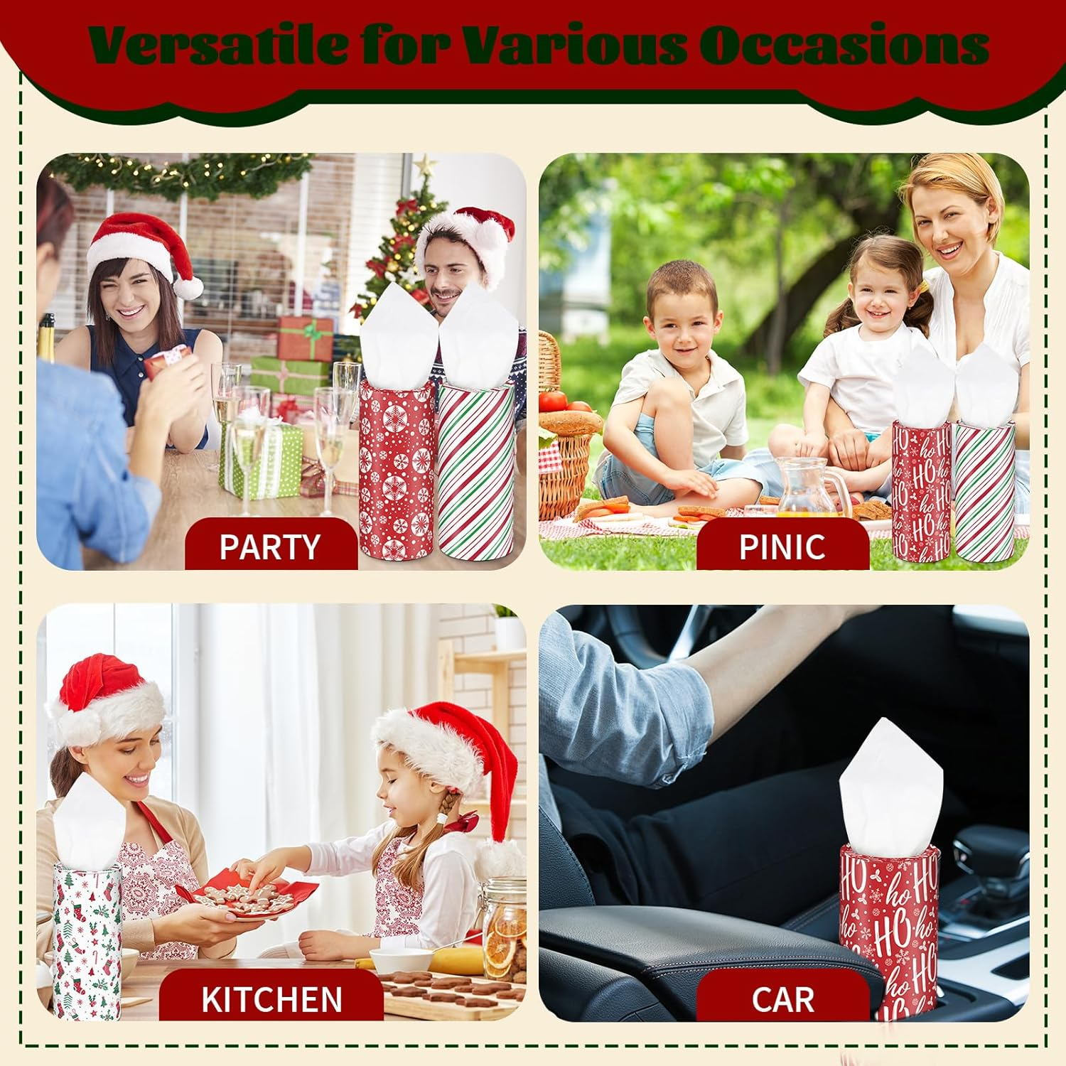 Christmas round Car Tissue Holder - Festive Bulk Facial Tissues, Holiday Decor for Cup Holders - Set of 4 Decorative Cylinders (Snowflakes, Ho Ho Ho, Candy Cane Stripes, Holiday Icons) image number 5