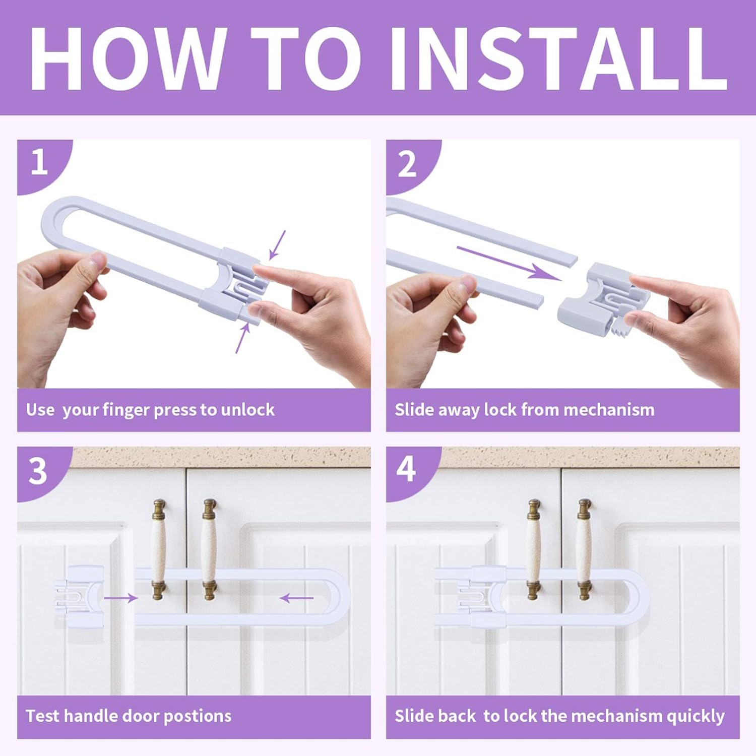 Sliding Cabinet Child Safety Locks-Grandoto U Slide Door Locking for Childproof Safe Latch & Baby Proofing Lock for Wardrobe,Kitchen,Bathroom,Drawer,Fridge,Cupboard Doors Knobs & Handles (4Pack White)