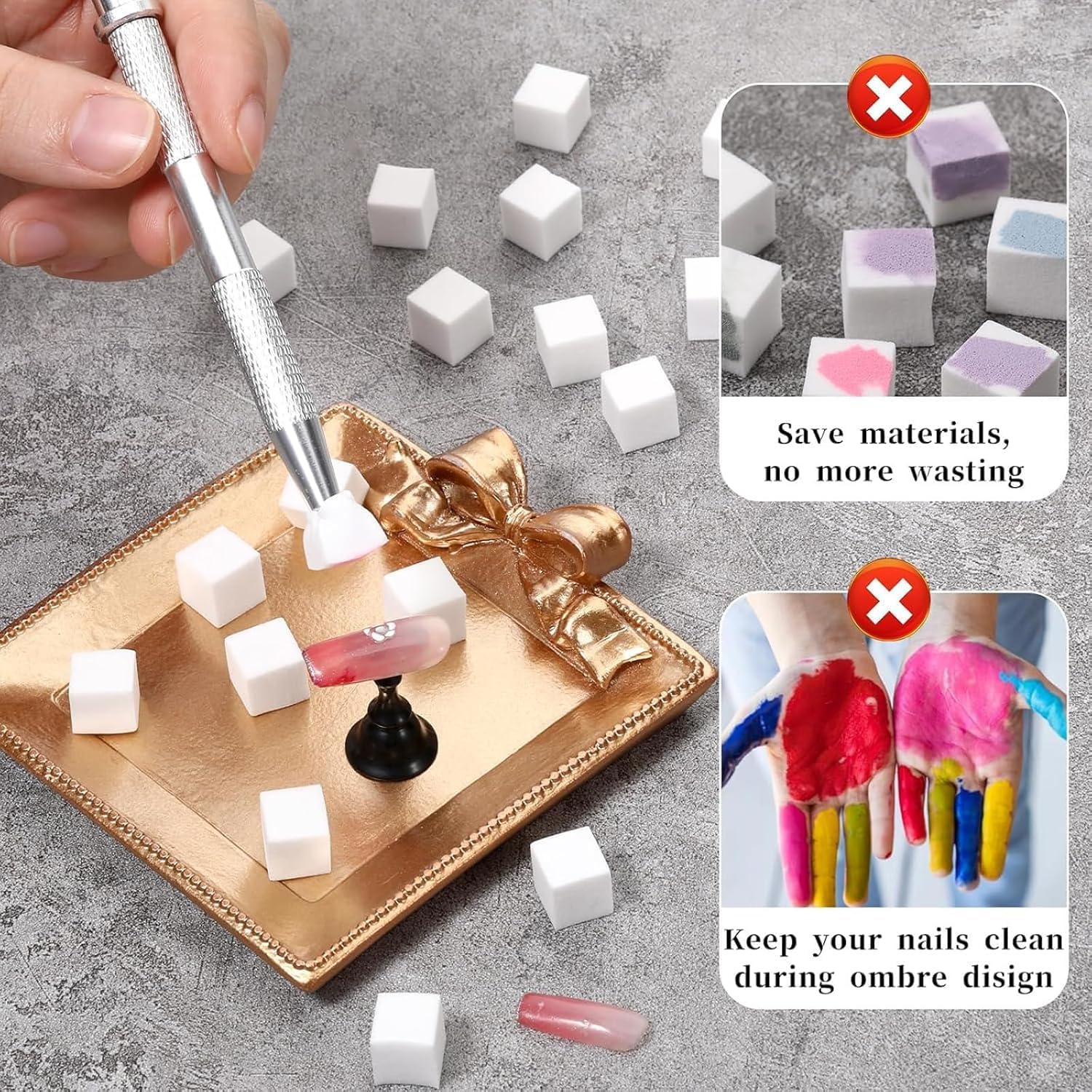 200Pcs Nail Sponges for Ombre - 100 White & 100 Colour Sponges + 2 Claw Pens Kit | Reef-Safe Ombre/Blooming Tools for DIY Nail Art,Home & Salon