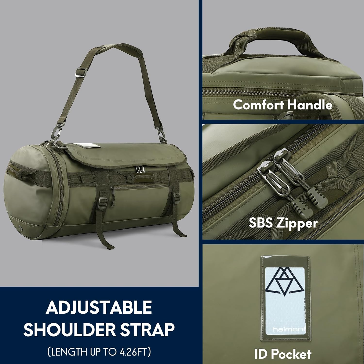 Haimont Large Duffle Bag Backpack for Men Women, 60L Convertible Travel Duffel Bags with Shoes Compartment, Carry on Durable Duffle for Sports Gym Hiking Camping, Army Green