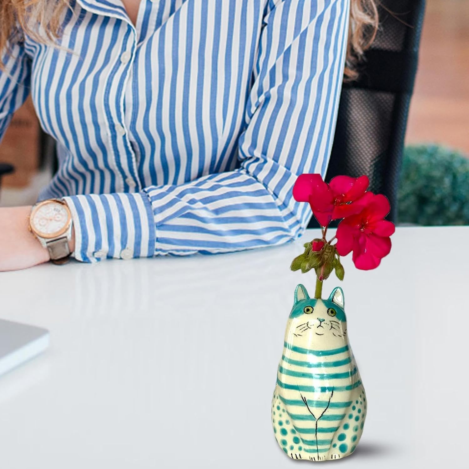 Polka Dot Cat Vase | Resin Cat Flower Bud Vase - Tiny Animal Vases for Cat Lovers, Home Decorations for Bookshelf, Table Decoration - Green image number 2