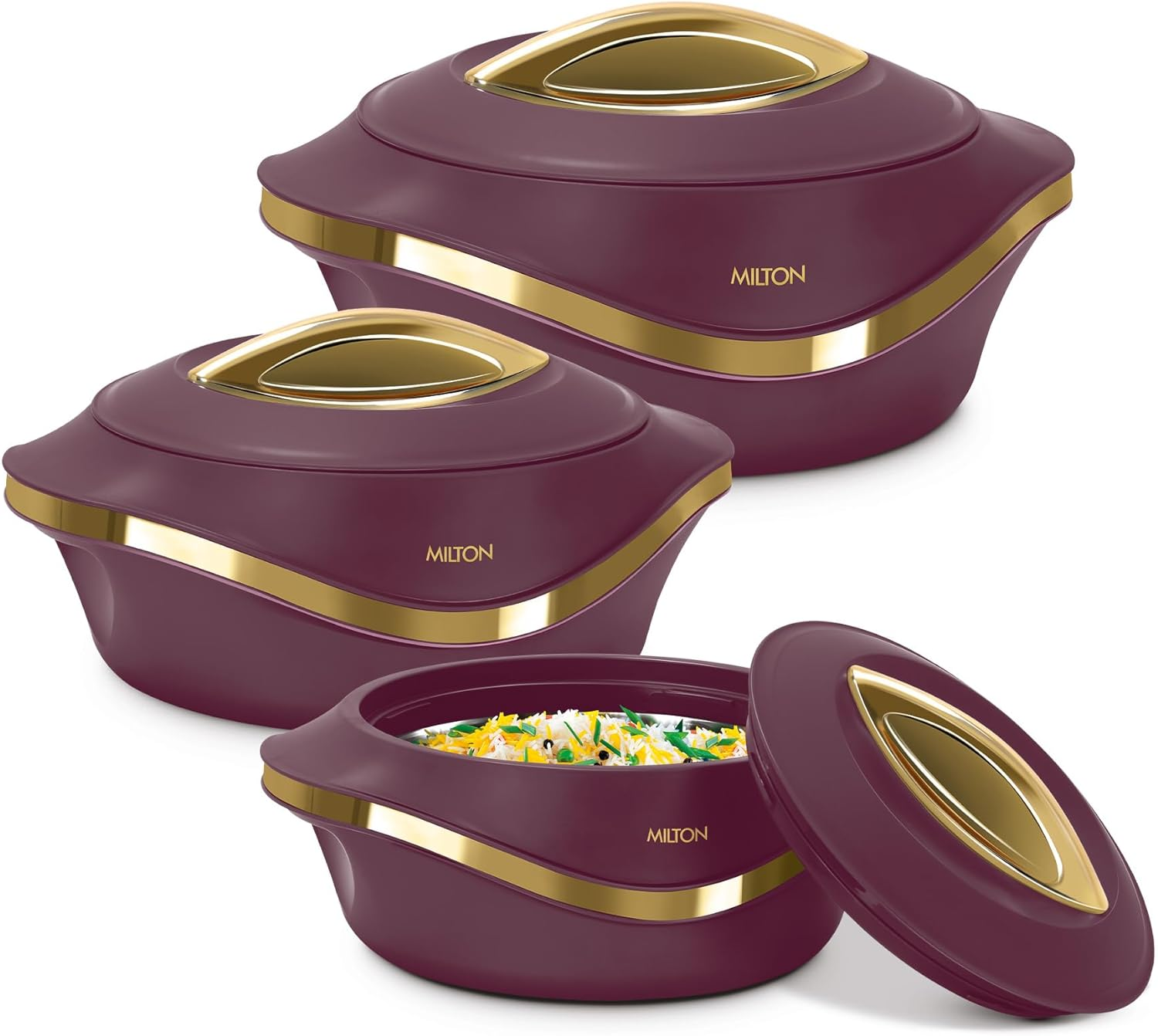 Milton Casserole Double Walled Inner Stainless Steel Serving Casserole Set of 3 (860 Ml, 1.27 Litre, 1.96 Litre), PU Insulated Kitchen Hot Pot, Keeps Food Hot & Fresh for Roti,Pearl - Marron