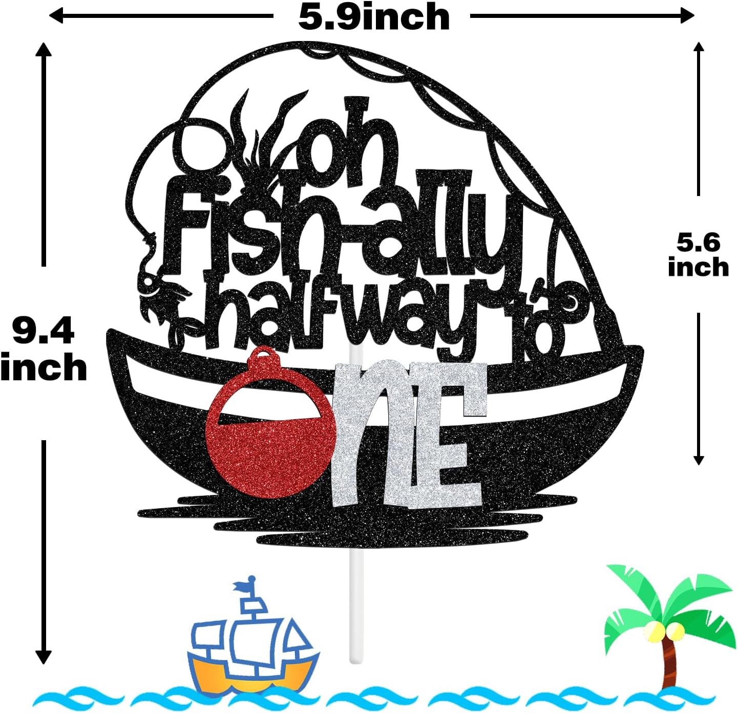 Little Fisherman Half Way to One Birthday Cake Topper, Boy Fishing Birthday, Lakeside Party, 6 Months, Happy 1/2 Birthday, Baby Shower Party Decorations Supplies, Blue Glitter image number 5