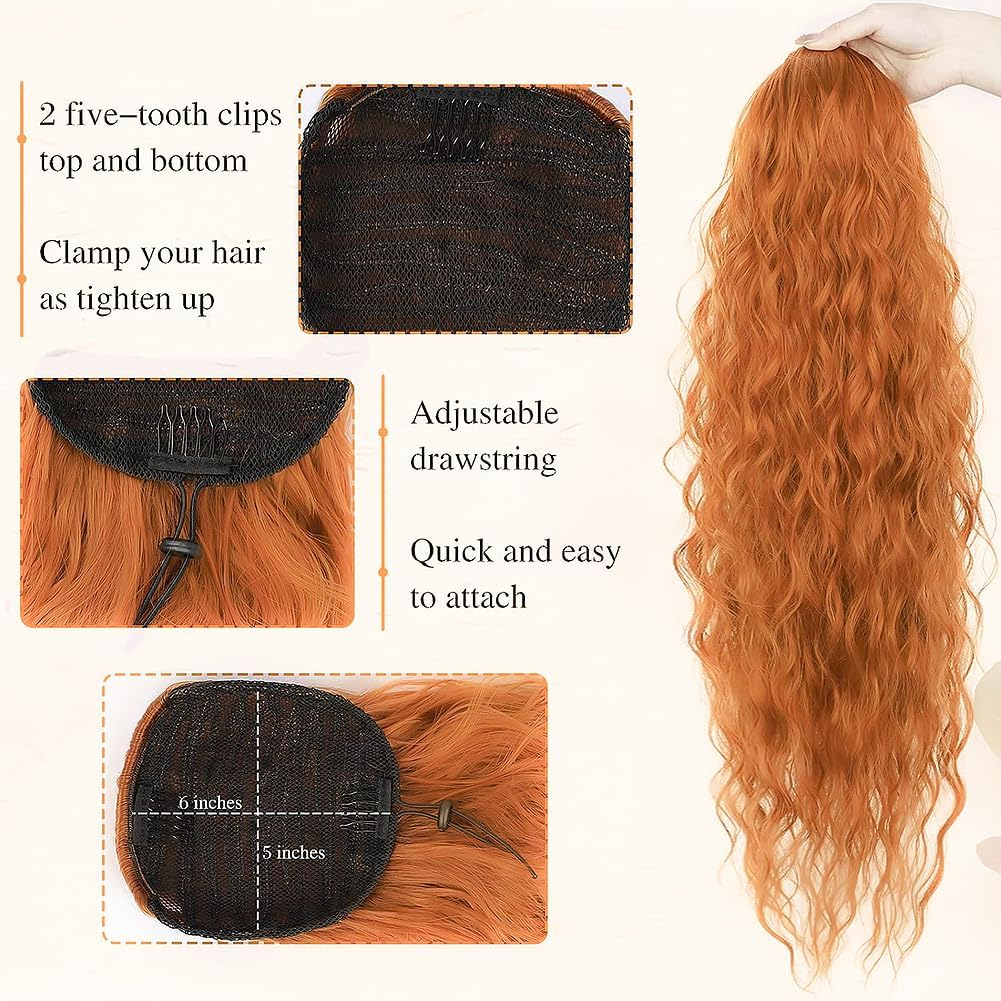 PORSMEER Ponytail Hairpiece Long 75 Cm with Drawstring Wavy Curls Ponytail Extension Ginger Orange Natural Clip-In Hairpiece Ponytail Hair Braid for Women Afro Braid Hair Extensions image number 6