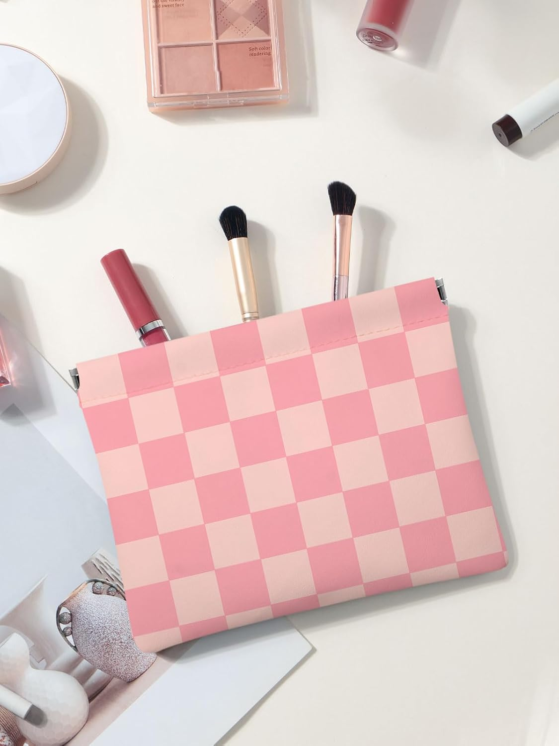 Ksriylm Rose Pink Checkered PU Leather Makeup Pouch Set for Women Cute Check Pattern Small Make up Bag for Purse Waterproof Initial Plaid Makeup Cosmetic Bags Pouches for Purse Travel Toiletry Bag - Brown image number 7
