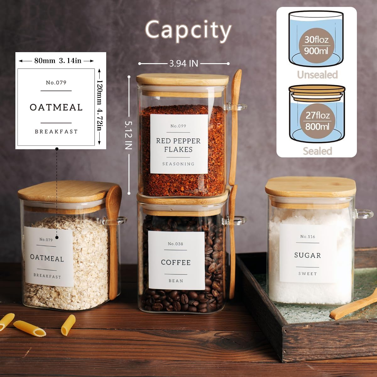 CZZGSM Set of 4 Square Glass Jar with Bamboo Lids and Spoons &ndash; Airtight 27 Oz Borosilicate Glass Food Storage Contaienrs with 132 Kitchen Pantry Labels for Coffee, Tea, Sugar