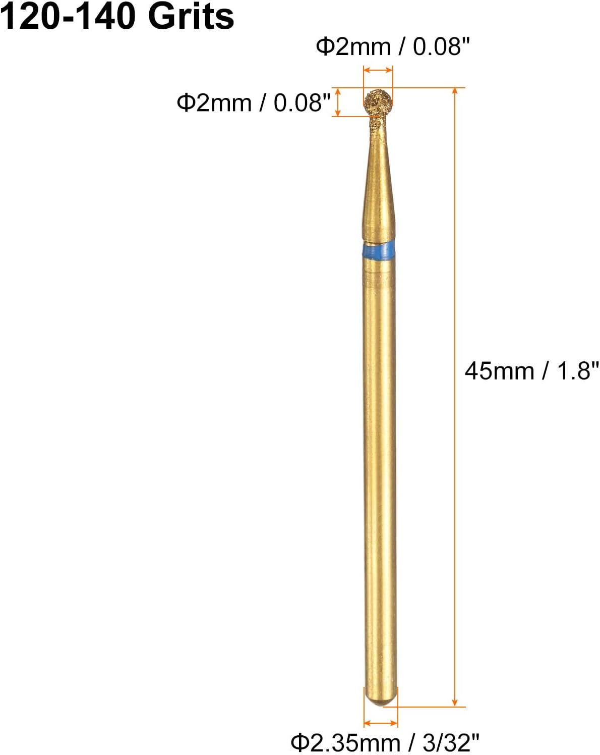 Sourcing Map 8Pcs 120-140 Grits Diamond Grinding Bit 2Mm Ball Head 2.35Mm Shank 2Mm Length Titanium Plated Stone Sanding Drill Bits Rotary Tool for Nails Grinding Polishing image number 2