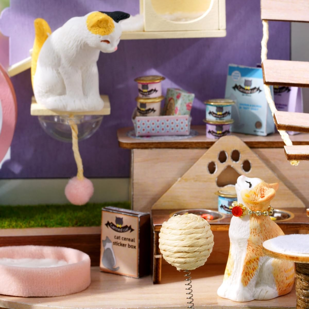 CUTEROOM DIY Miniature Cat Shop Dollhouse Kit with LED Lights&Music Box, Purple and White, Includes Furniture and Accessories Best Gifts for Aldult (Kitten Paradise) - Kitten Paradise image number 6