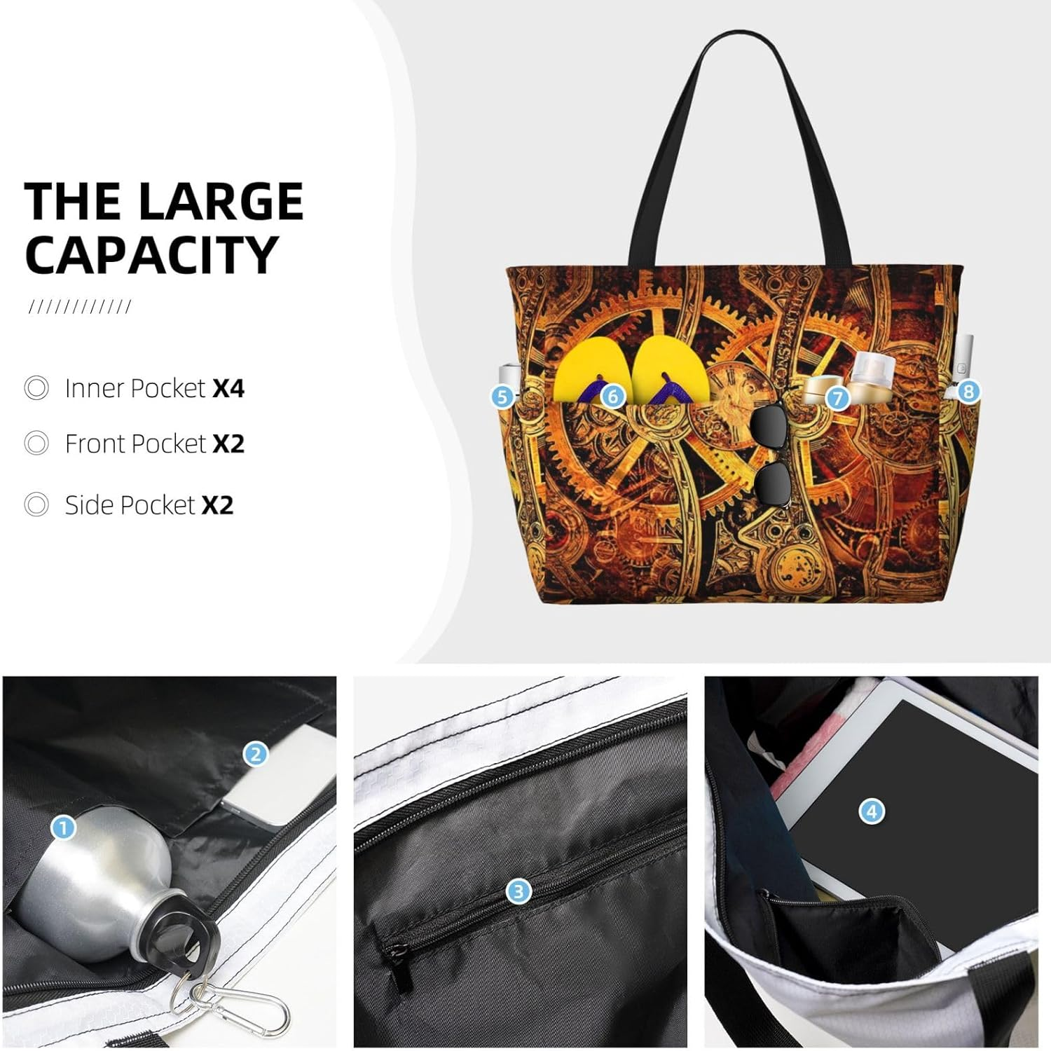 POCUK Cool Steampunk Gears Large Capacity Beach Tote Bag for Women Oversized Tote Bag for Weekend Travel, Black, One Size image number 4