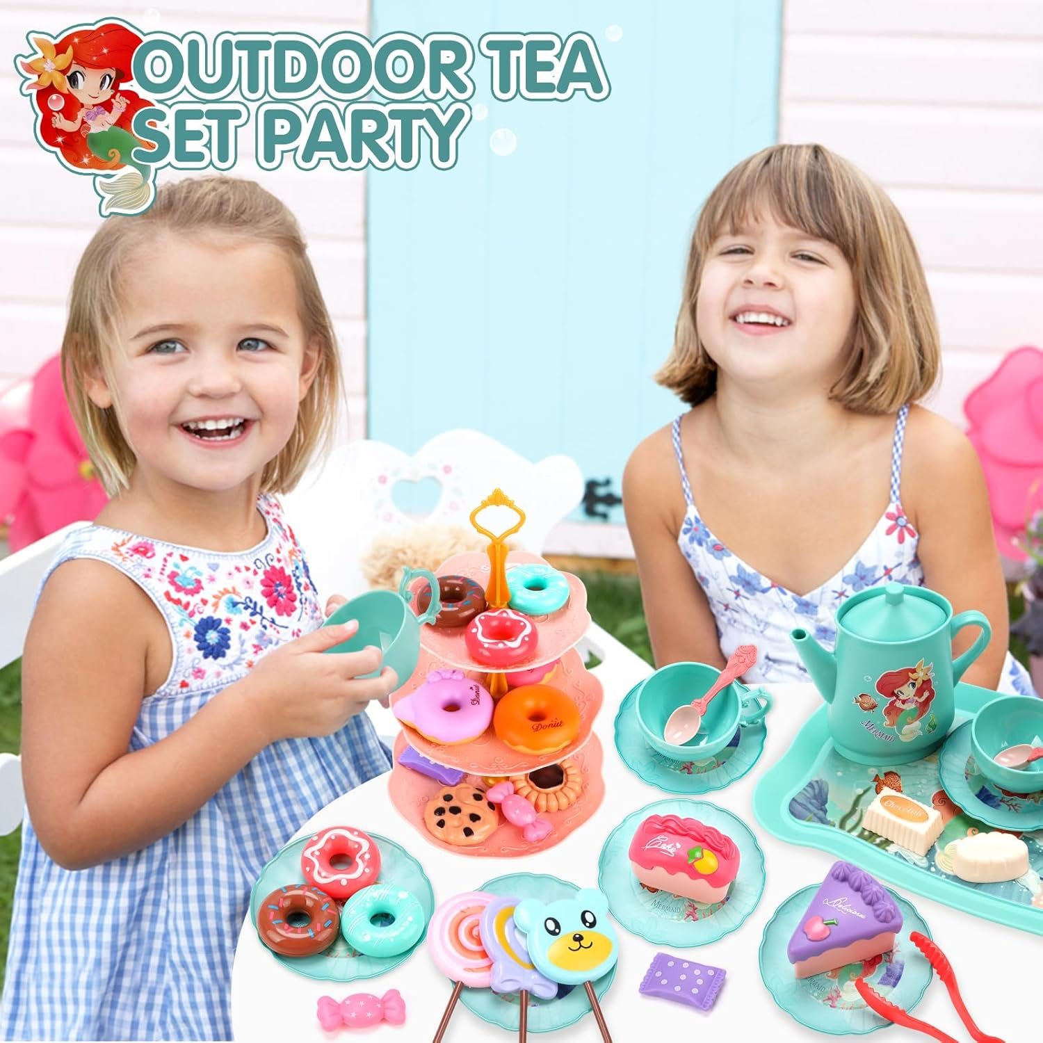 REMOKING 45PCS Mermaid Toys Tea Set for Girls,Birthday Gifts for Age 3+ Year Old Kids,Pretend Teapot,Dessert Playset, Carrying Case for Role Play,Princess Toy for Girls 2-6 Year Old image number 5