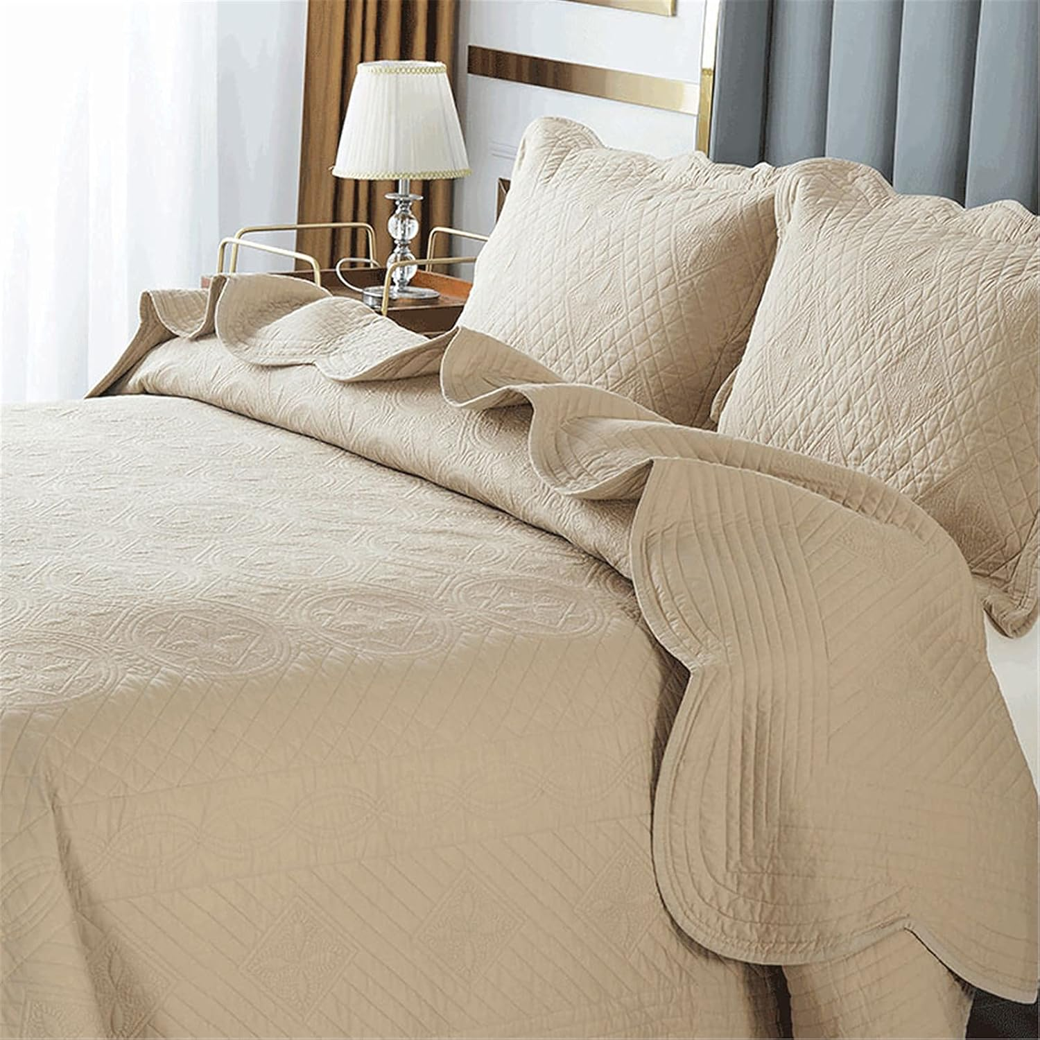 Quilt Set Bedding Set Cotton Handmade All Season Quilt Bnket Sheets Super King Bed Cover 243X270Cm with 2 Pillowcase,White,224 * 234Cm(Khaki,270 * 234Cm) image number 4