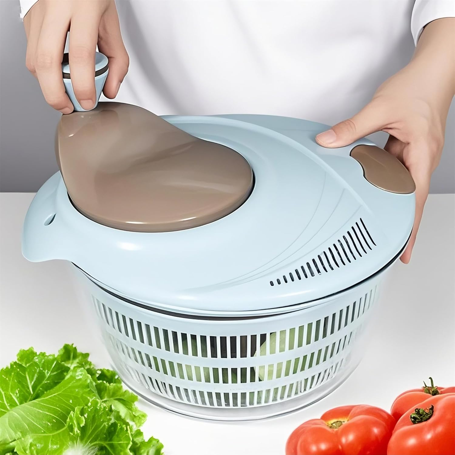 4L Salad Spinner - Non-Slip Vegetable & Fruit Washer/Dryer for Households, Easy-Clean Kitchen Gadget for Greens, Herbs & Vegetables (Blue) image number 1