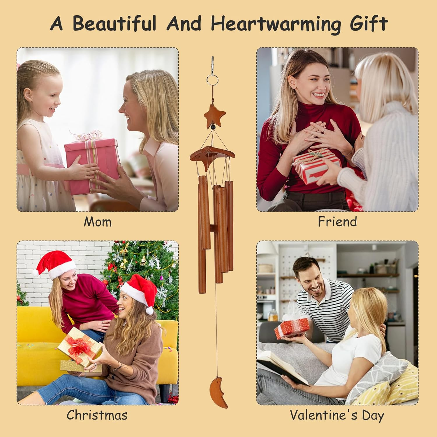 Bamboo Wind Chime, 70 Cm Wooden Wind Chime, Garden, Star Moon Wind Chime with 5 Matching Tubes, Wind Chimes for Outdoor Hanging, for Garden, Yard, Patio and Home Decoration image number 4