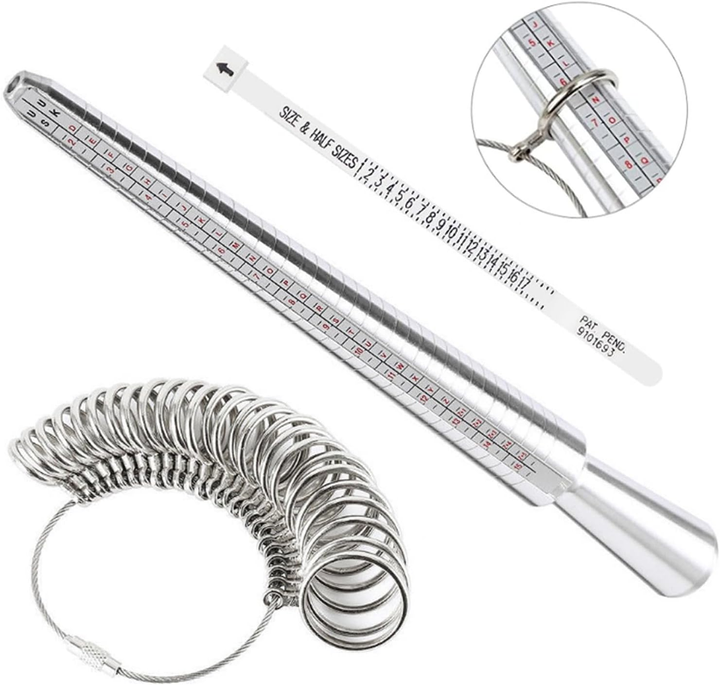 Aluminum Ring Sizer Measuring Tool Set - Plastic Ring Mandrel & Stainless Steel Finger Gauges, Metal Sizer for Jewelry Making and Fitting