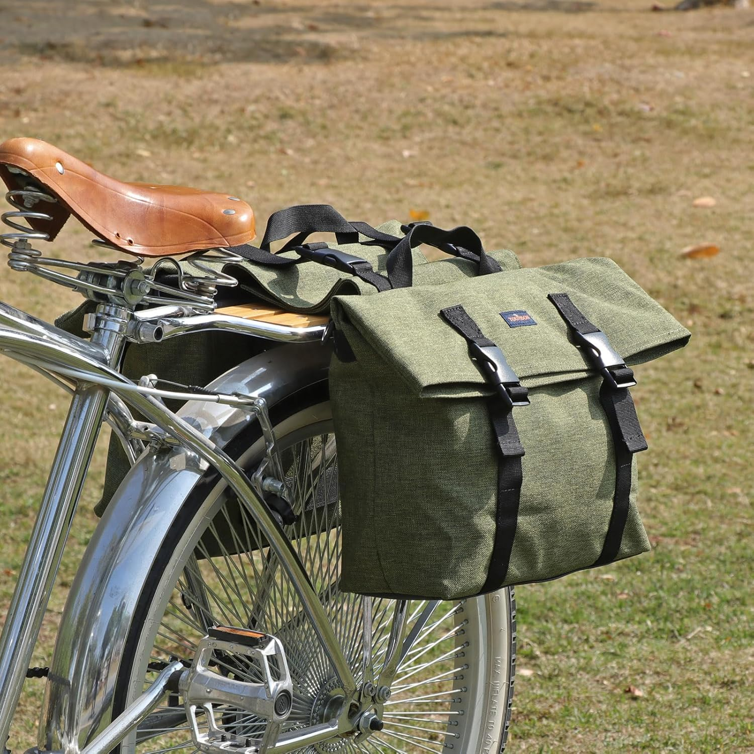 TOURBON Nylon Double Pannier Shoulder Bags Bicycle Rear Rack Trunk Motorcycle Tail Seat Bag (Dark Green)