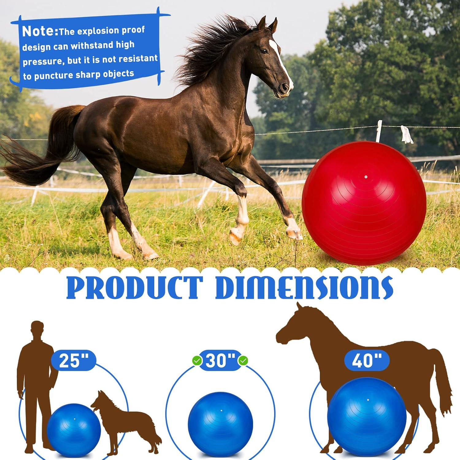 2 Pcs 30 Inch Horse Ball for Play Large Horse Ball Big Herding Ball for Horse anti Burst Horse Soccer Ball Giant Horse Play Ball Toys for Horses to Play With, Pump Included, Blue and Red image number 2