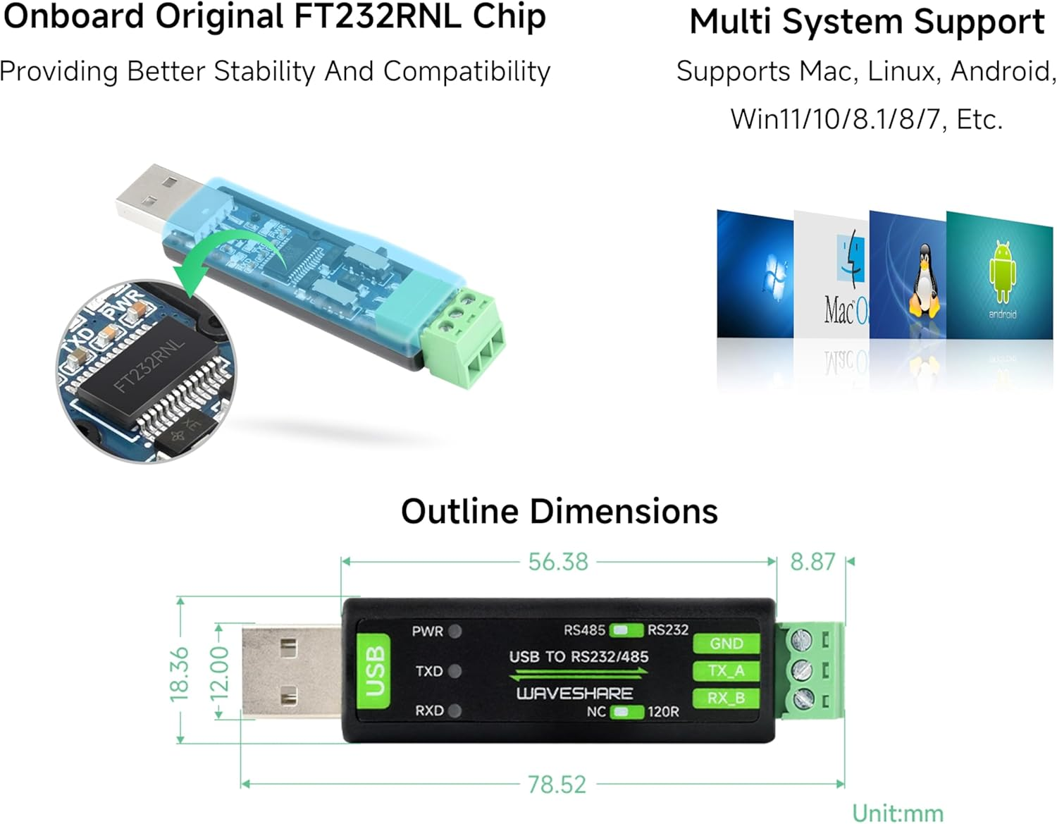 USB to RS485/RS232 Serial Converter Board, Onboard Original FT232RNL Chip Fast Stable Transmission,Multiple Devices Applicable, Compatible with Mac, Linux,Android, Windows 11/10/ 8.1/ 8/ 7, Etc. image number 6