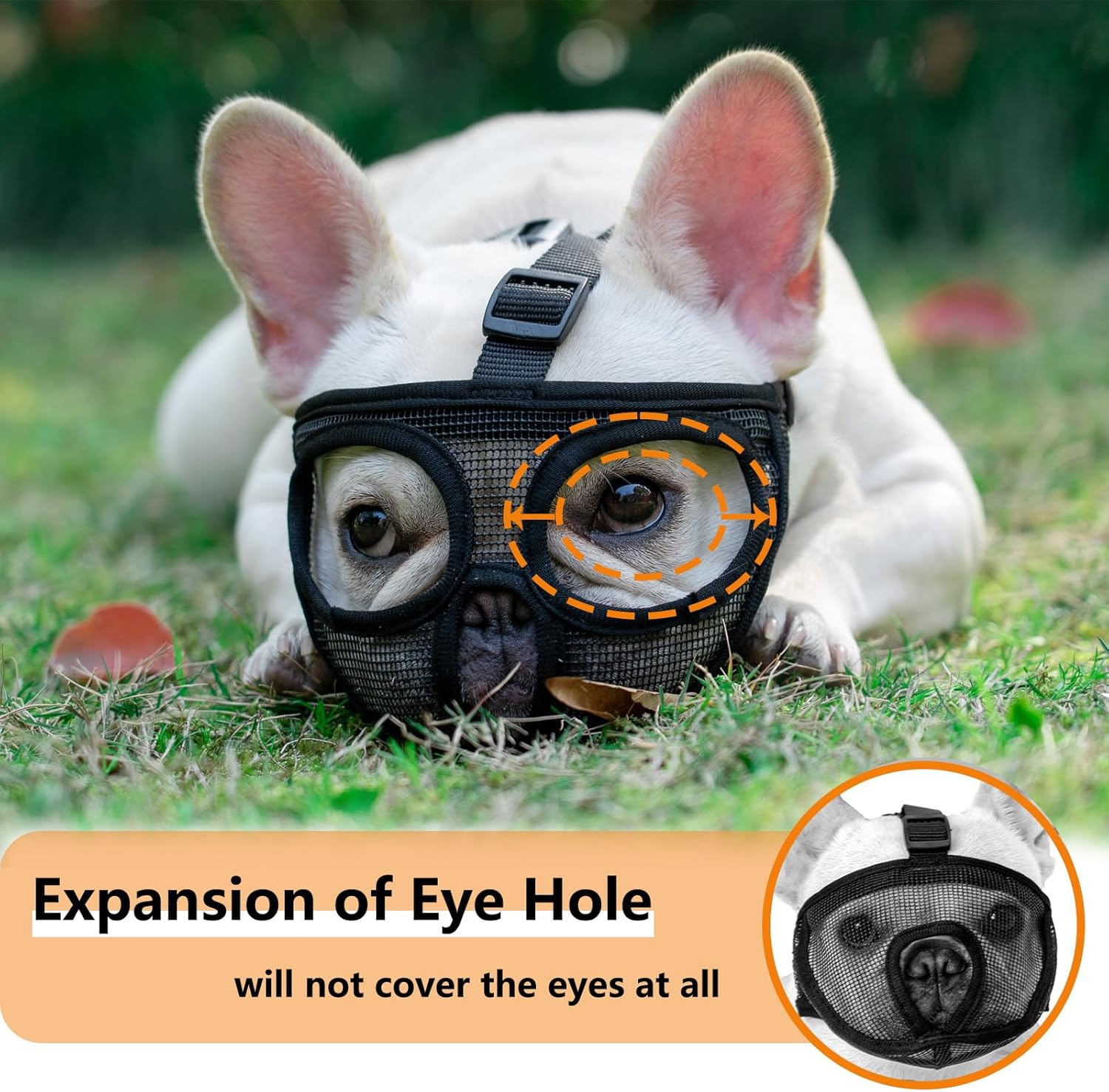 Ohcozzy Short Snout Dog Muzzle with Enlarged Eye Hole, Soft Mesh Bulldog Muzzle for Biting Chewing Licking Grooming(M,Black) image number 2