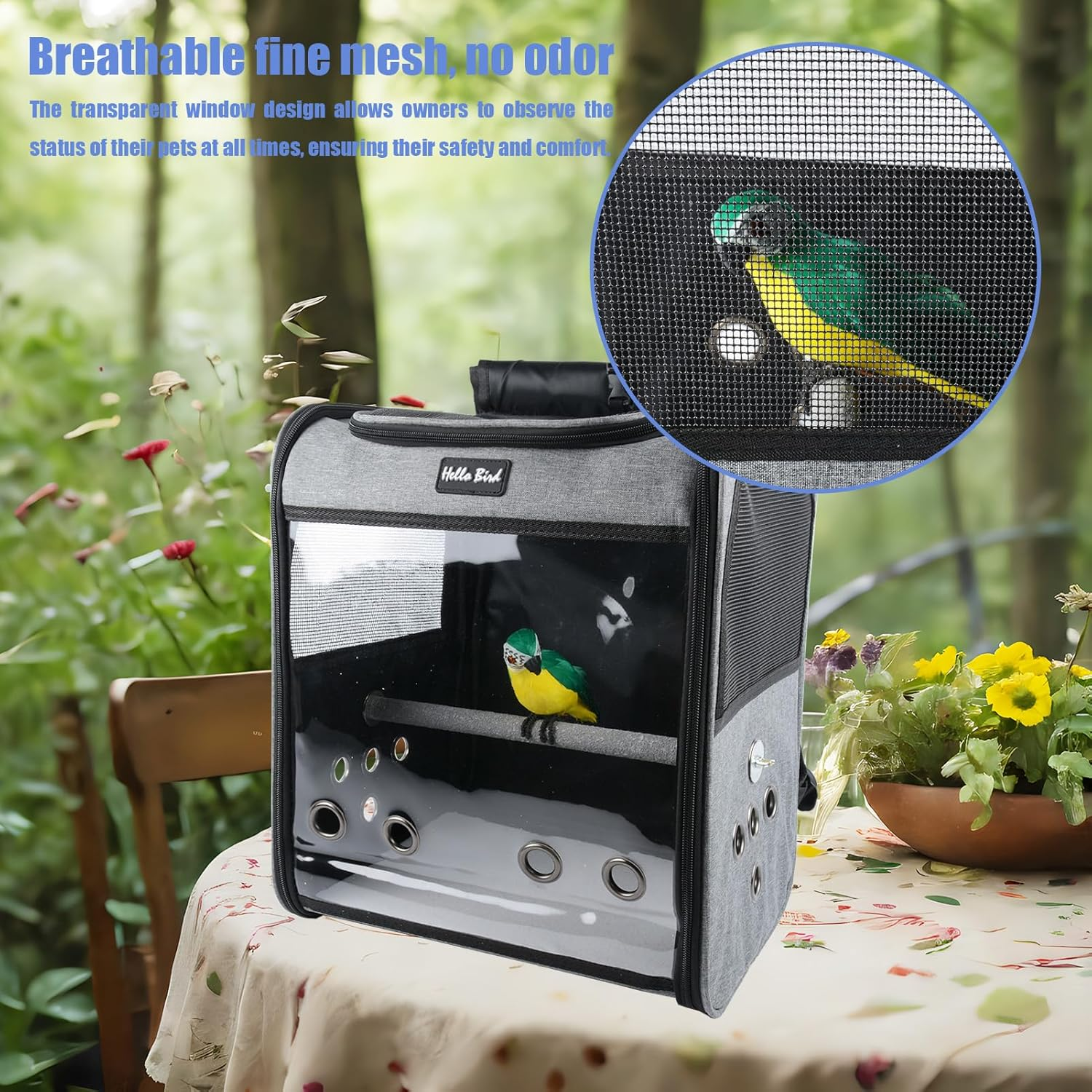 Bird Carrier, Bird Cage - Parrot Cage with Stainless Steel Tray and Bird Perch, Breathable & Portable, for Small Birds, Green Cheek, Cockatiel, Parrot, Grey