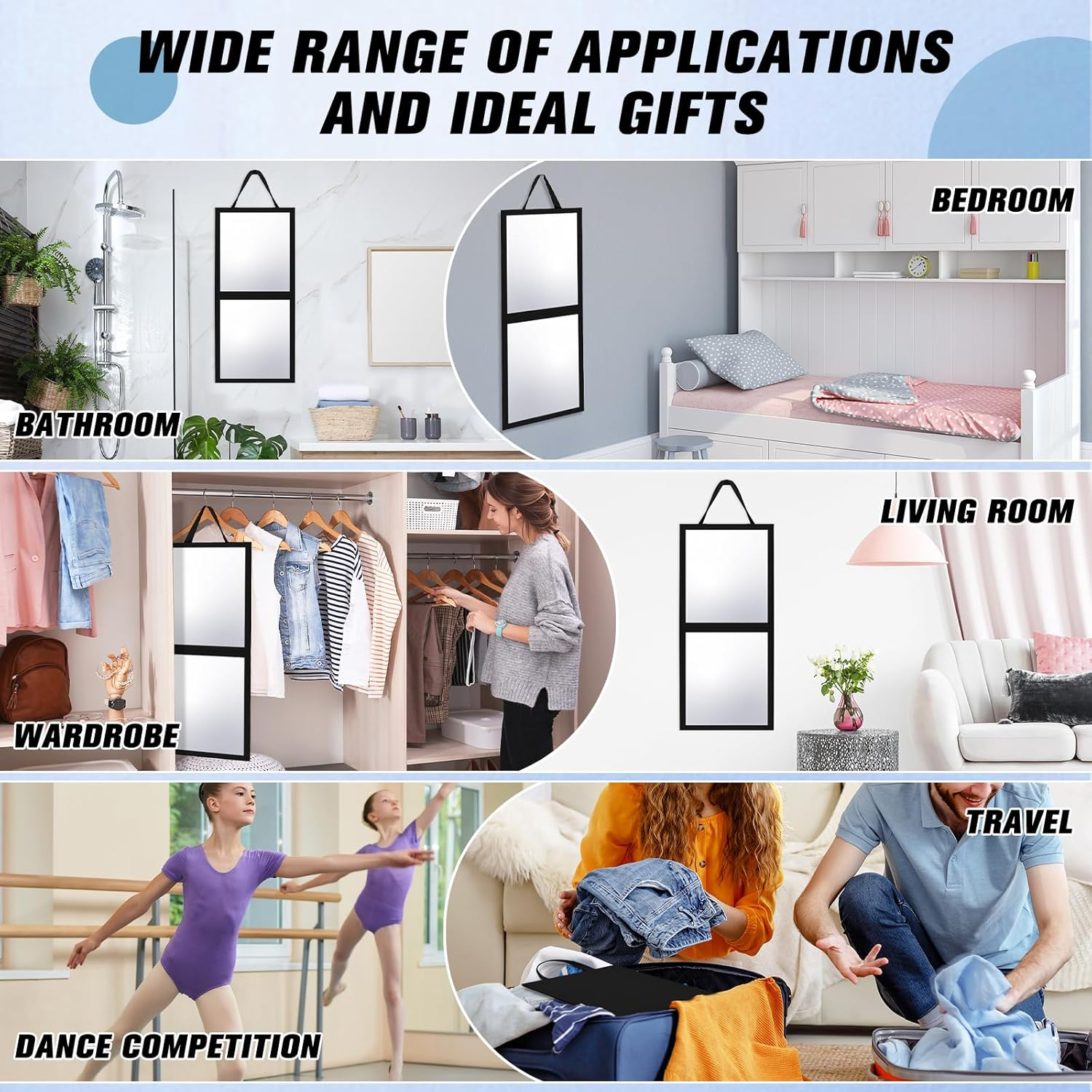 Glikceil Foldable Portable Full Length Mirror for Dorm Dance Backstage Camping Travel Hanging Folding Makeup Body Mirror for Dancers Artists Home Aestheticians Spa(Black,25.6" X 12")