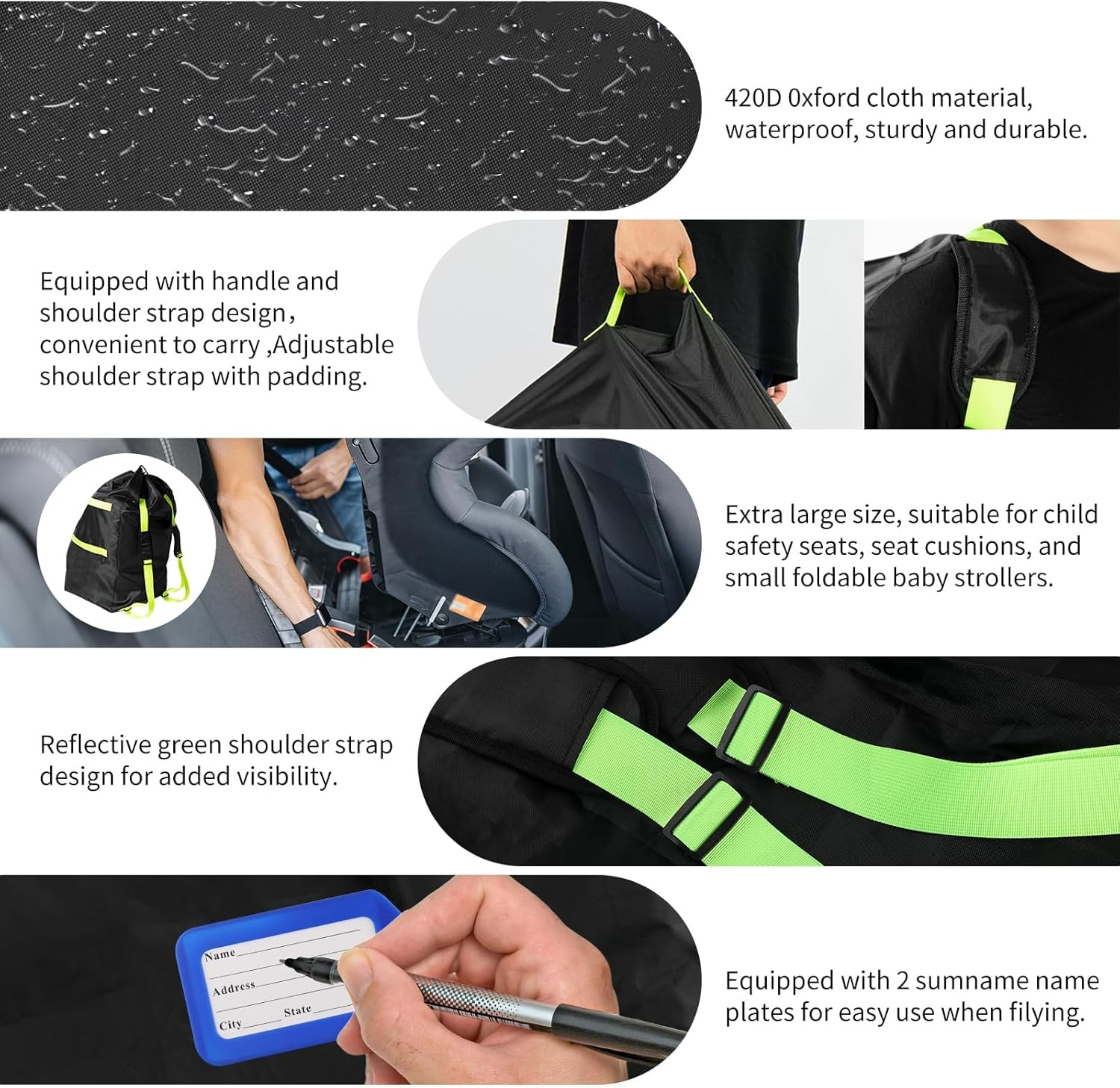 Car Seat Travel Bag for Airplane, Waterproof Durable Padded Cover with 2 Luggage Tags, Universal Fit, Gate Check Bag for Airplane, Fits Convertible Car Seats or Double Strollers image number 3