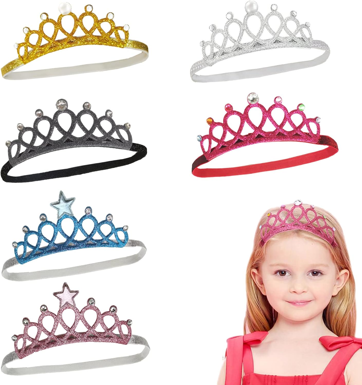 Ysmorla Pack of 6 Girls Princess Tiara Crown, Girls Crown Hair Band Kids Dress-Up Crown, Elastic Hairband Sparkling Crown Headband, Princess Tiara Set for Girls Dress-Up Party Cosplay
