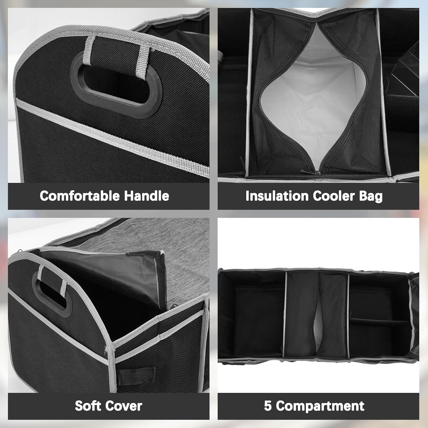 Car Boot Organiser with Lid, Collapsible Cargo Trunk Storage with Build-In Insulated Cooler Bag, 600D Oxford Polyester Suv/Sedan Organizer Car Accessories for Women Men (3 Compartments, Black) image number 3