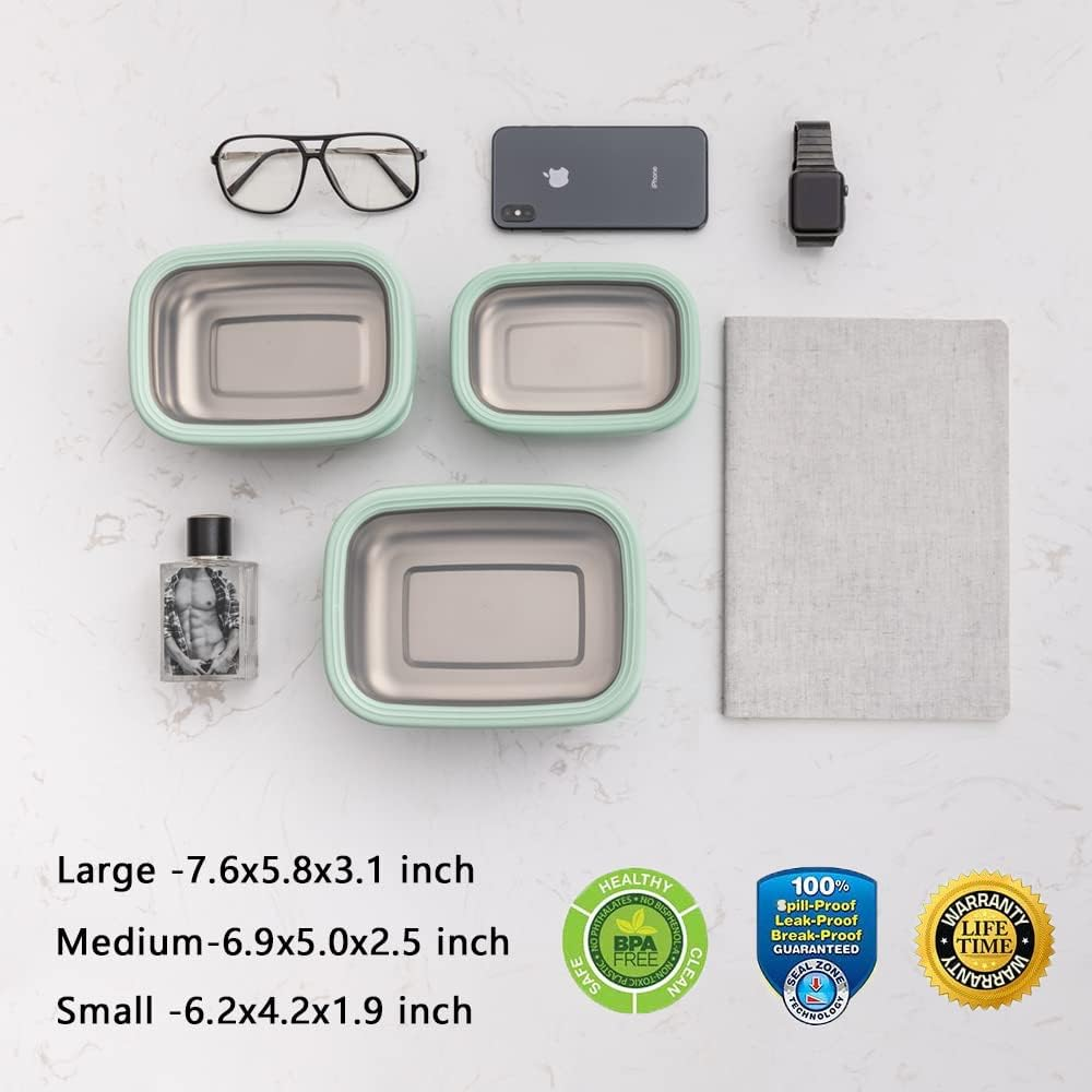 Lille Home Premium Stainless Steel Food Containers/Bento Lunch Box with Anti-Slip Exterior, Set of 3, 470ML, 900ML,1.4L, Leakproof, BPA Free, Portion Control image number 2