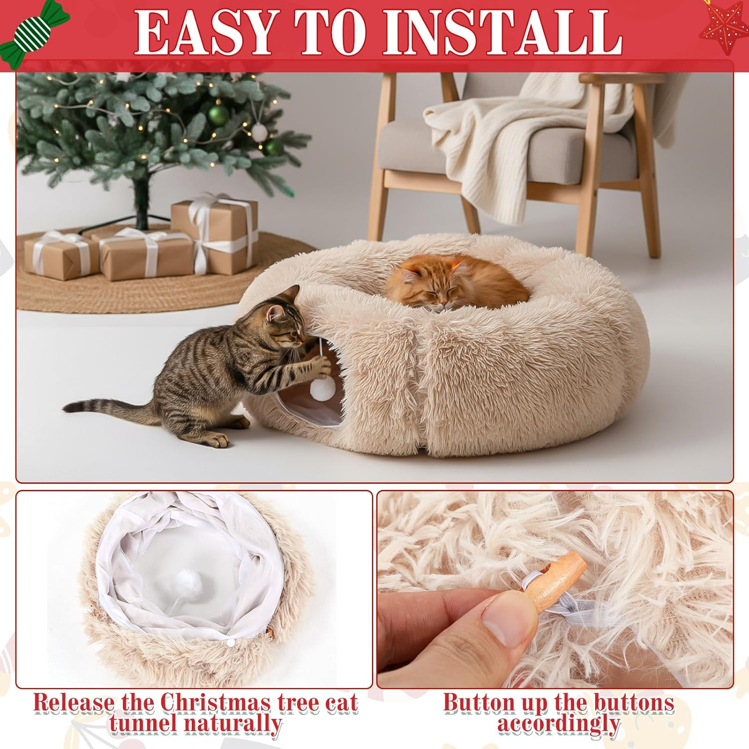 Siltriangle Cat Tunnel Christmas Tree Skirt Large Soft Plush Tunnel Bed under Christmas Tree for Indoor Cats 36" Circle Donut Tube Bed with Central Mat for Cat Puppy Rabbit Kitten Xmas Gifts(Beige) - Green image number 2