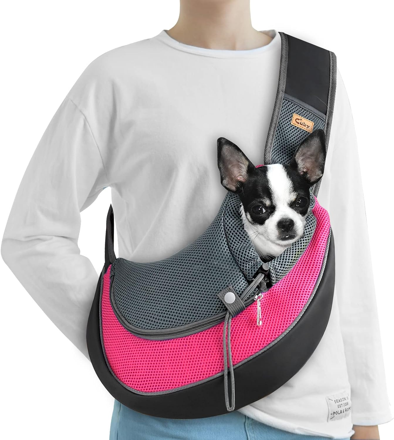 Cuby Pet Sling Carrier for Small Dogs Cats,Drawstring & Zipper & Special Security Hook Triple Designs for Pets' Securty,Breathable Mesh Travel Cat Carrier Bag with Adjustable Shoulder Strap (Pink S) image number 7