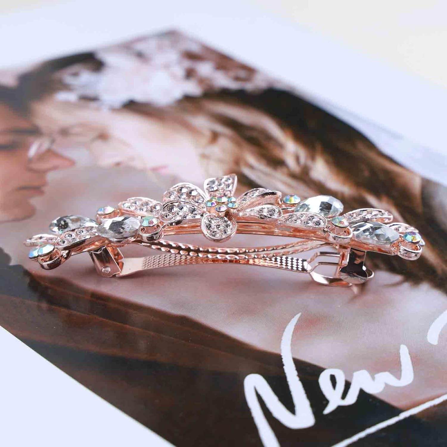 Tseenyi Crystal Flower Hair Clip Rhinestone Wedding Hair Clip Hair Clip Shiny Bridal Decorative Headpiece Gold Crystal Hair Accessories for Women and Girls (Transparent Crystal) image number 3