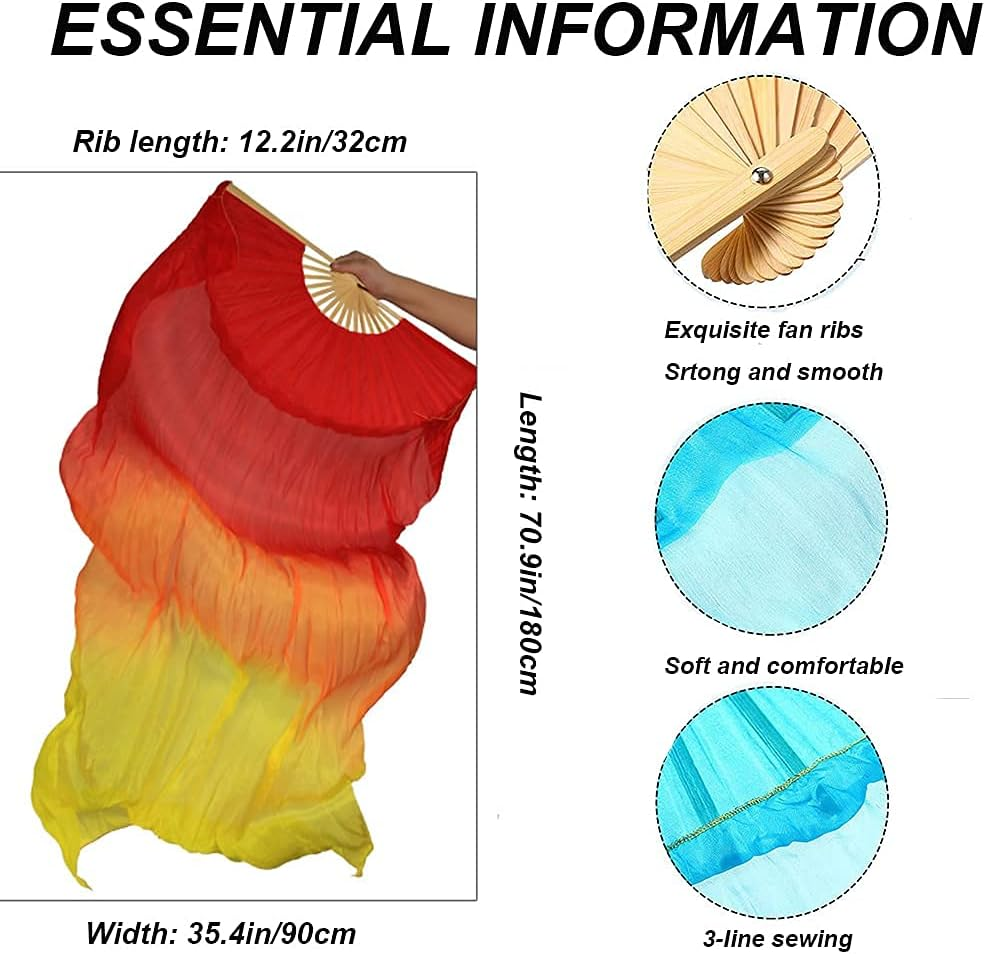 TMZAQH Women 1 Pair (Left+Right) Silk Belly Dance Fans Veil Belly Dancing Long Folding Fans Length 180 Cm * 90 Cm - Black White image number 5