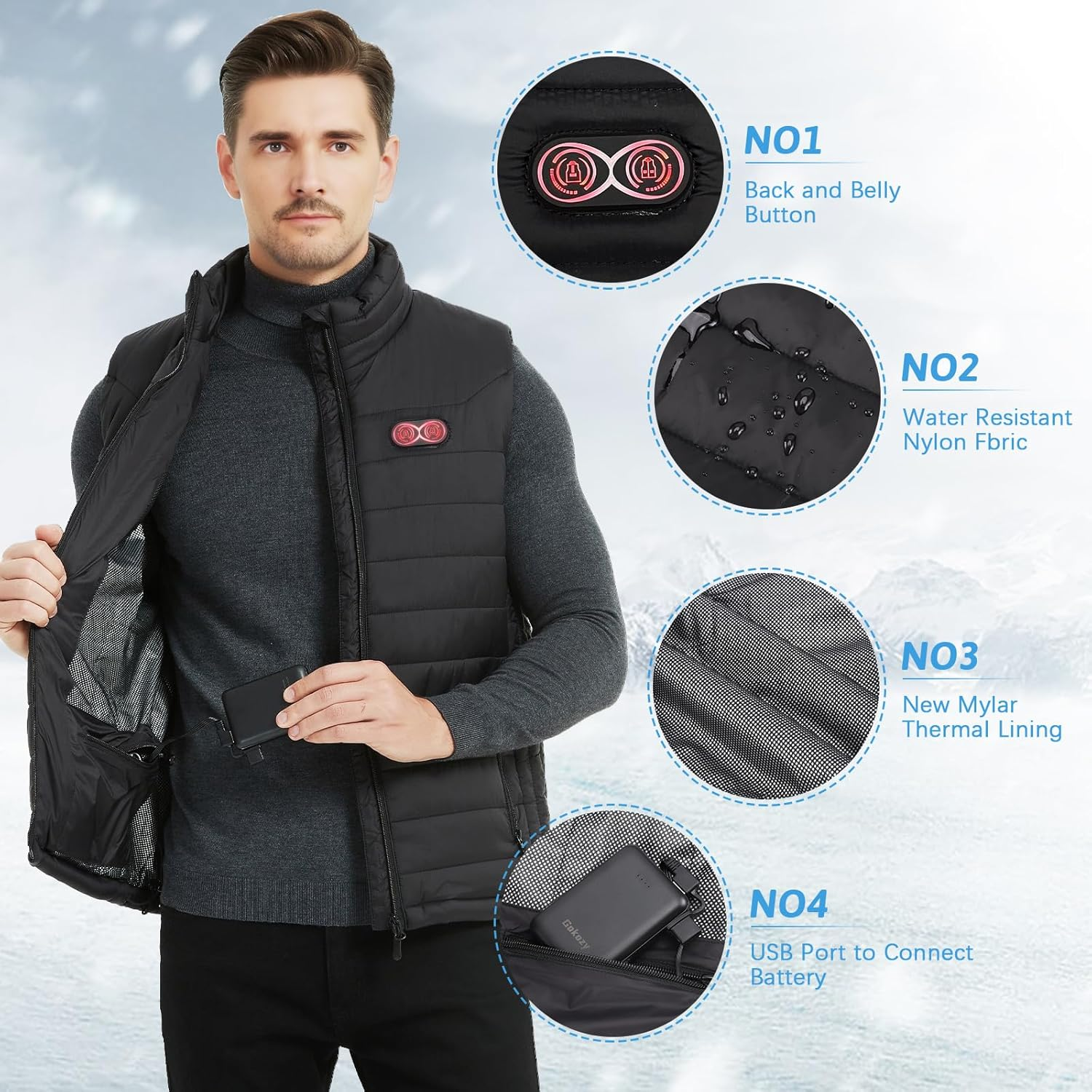 Gokozy Heated Vest for Men and Women with 10000Mah Battery Pack, Lightweight Heated Jacket,Electric Heated Motorcycle Vest image number 5