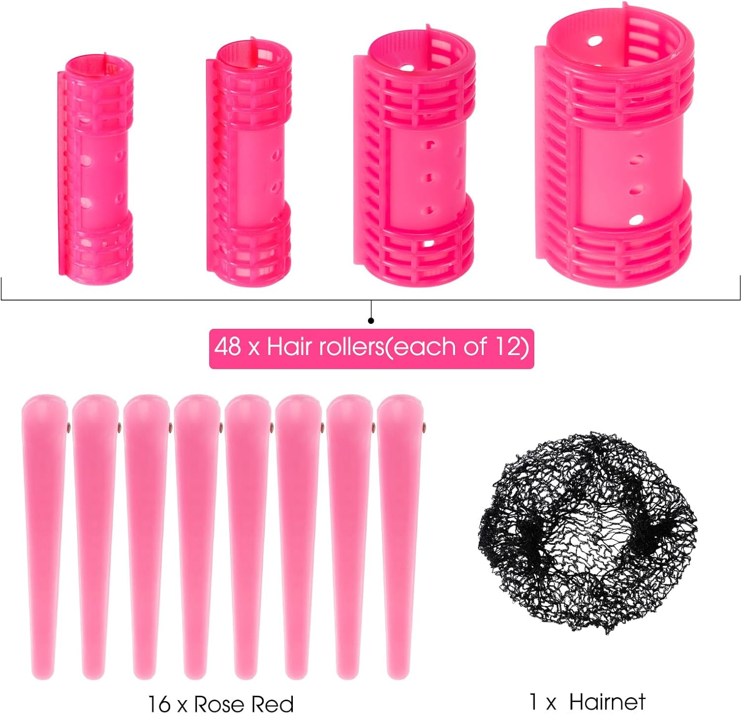 WILLBOND 65 Pieces Magnetic Rollers Plastic Rollers Hair Curlers Set 4 Sizes for Long Medium Short Hair, Duck Clips Hairnet Hairdressing Styling Tool (Pink) - Green image number 2