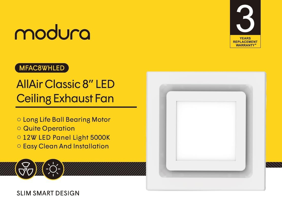 Modura Allair Classic 8" 250Mm Square Ceiling Mount Duct Exhaust Fan Bathroom with 12W LED 5000K image number 1