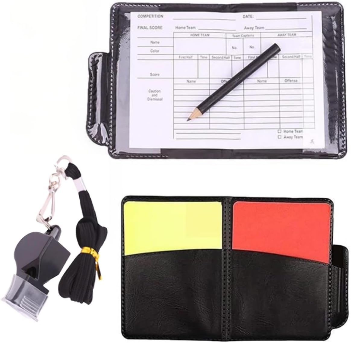 Football Referee Card Set, Soccer Match Football Match Referee Essentials, 4 Piece Soccer Red and Yellow Card Coach Whistle with Wallet Scoreboard Pencil, Soccer Match Referee Penalty Cards