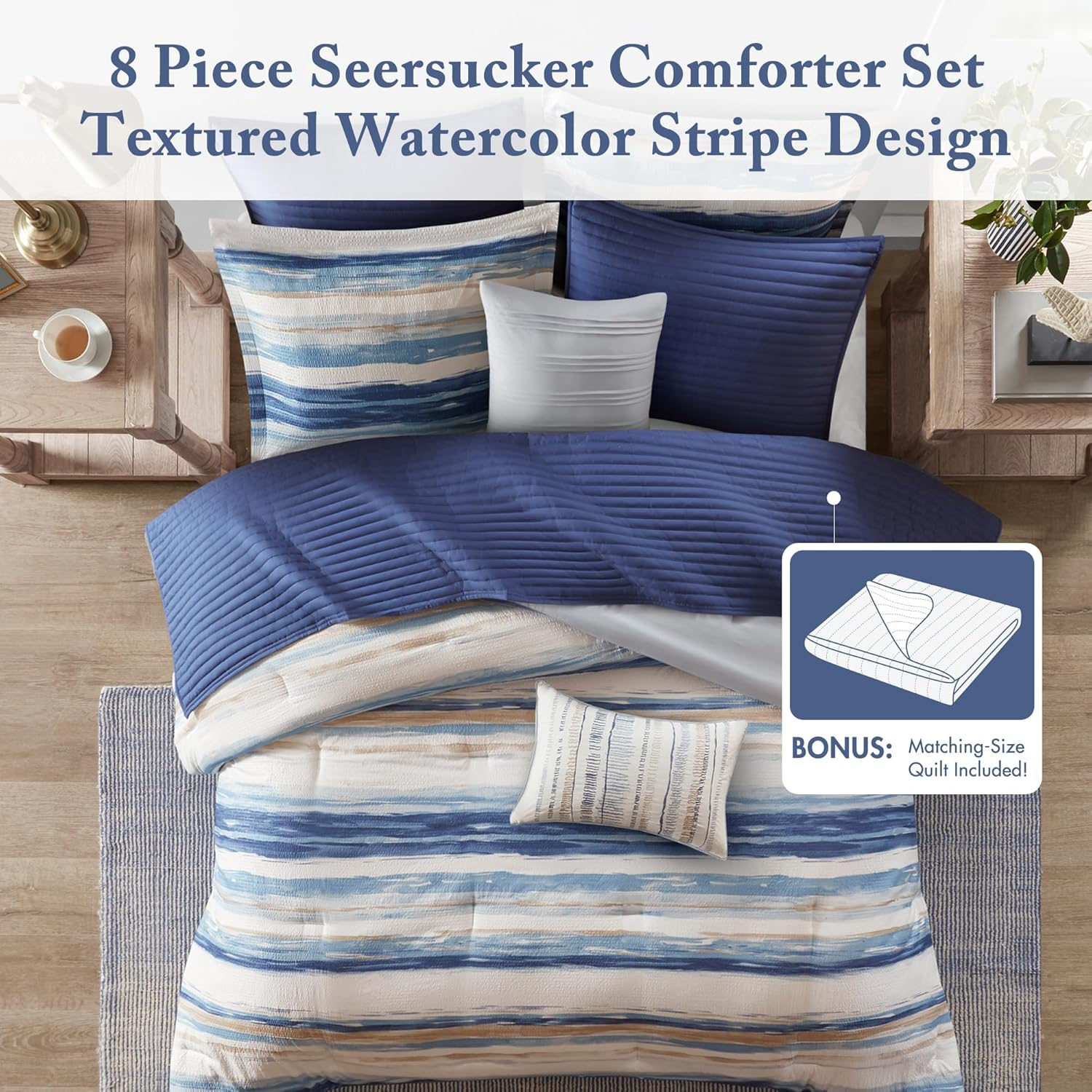 Madison Park Marina Comforter Quilt Combo Set - Modern Luxury Design, All Season down Alternative Bedding, Matching Shams, Decorative Pillows, King/Cal King(104"X92") Seersucker Blue 8 Piece image number 3