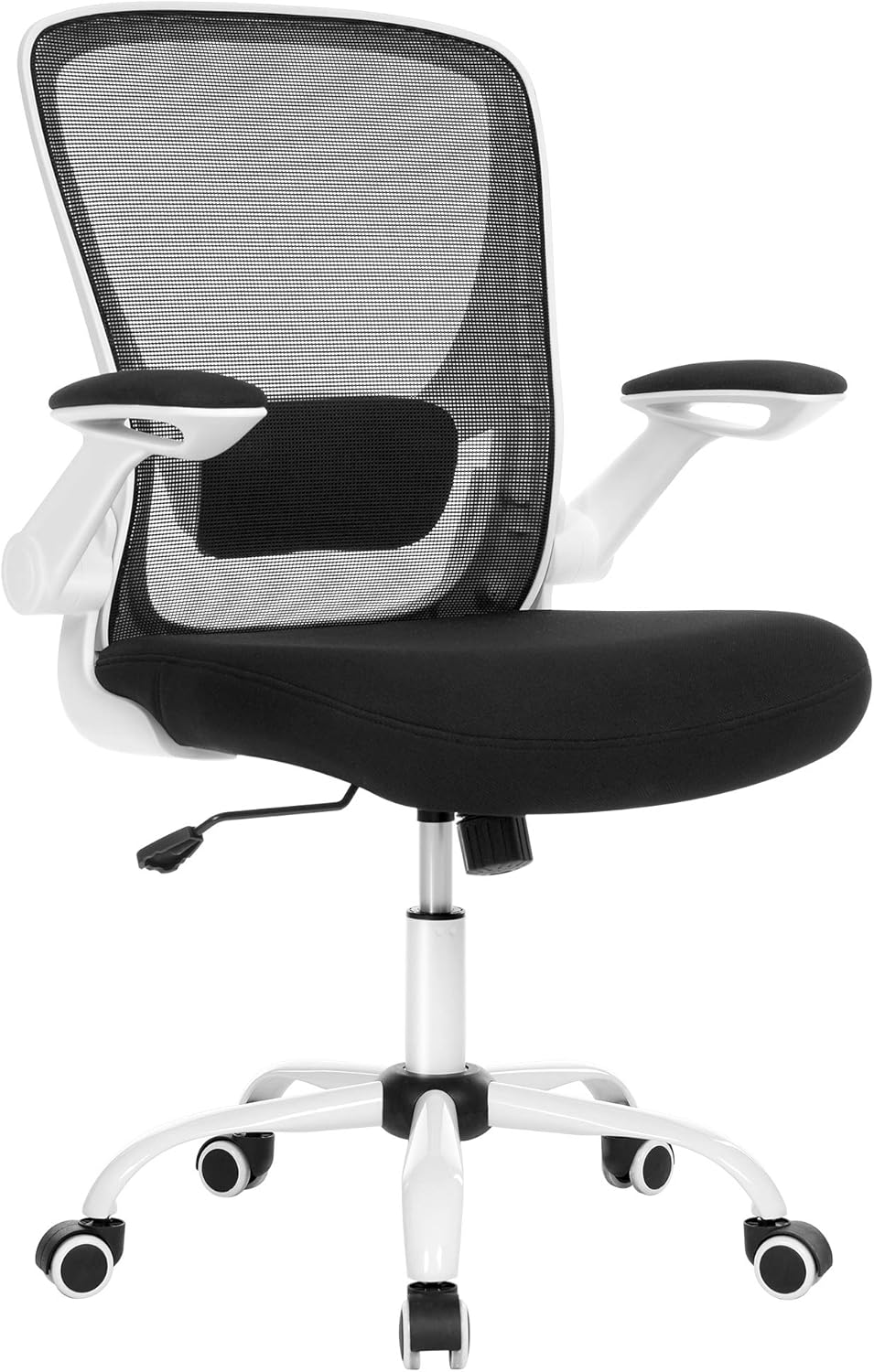 SONGMICS OBN37WT Office Chair, Swivel Chair with Mesh Covering, Ergonomic, Padded Lumbar Support, Rocker Function, 53 Cm Seat, Folding Armrests, Black and White image number 4