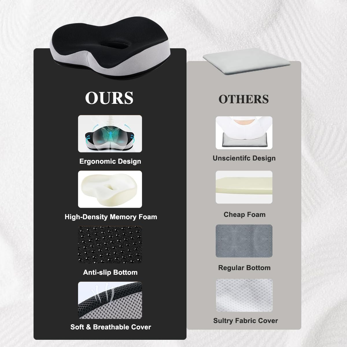 Seat Cushion, Ergonomic Coccyx Cushion for Office and Car Chair, Memory Foam Seat Cushion for Post-Op Hemorrhoids,Tailbone Pain Relief,Office Chair Cushion for Reducing Sedentary image number 5