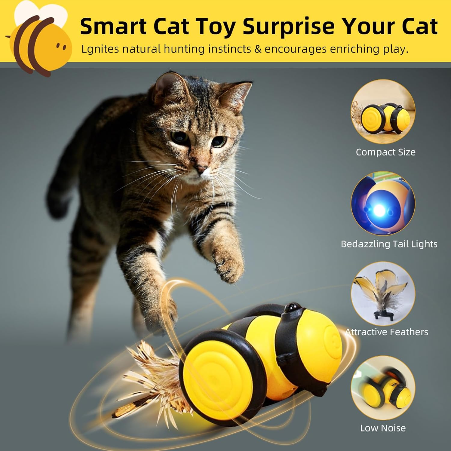 PAWCHIE Interactive Cat Toy Bee - USB Rechargeable with Feather, Intelligent Obstacle Avoidance, 360&deg; Automatic Movement, LED Light for Indoor Cats image number 3