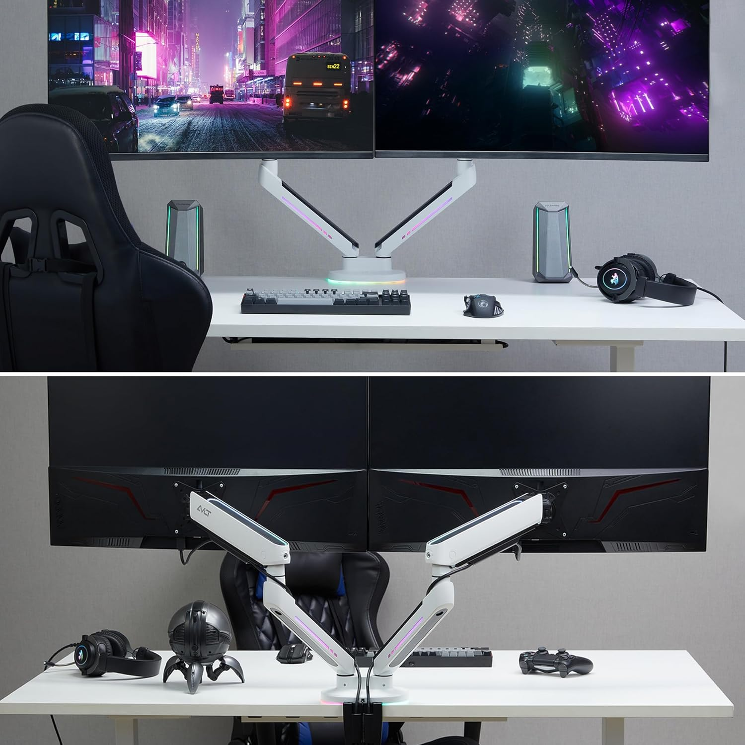 AVLT Dual RGB Gaming Monitor Arms Desk Mount, Fits 27&rdquo;-43&rdquo; Monitors, 20 Lighting Modes with Touch Control, Adjustable Height, Swivel Tilt Rotation Stand - White image number 2