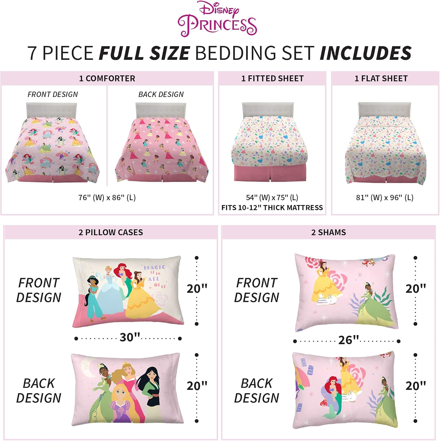 Franco Disney Princess Kids Bedding Super Soft Comforter and Sheet Set with Sham, 7 Piece Full Size, Official Disney Product by (Prints May Vary) image number 3