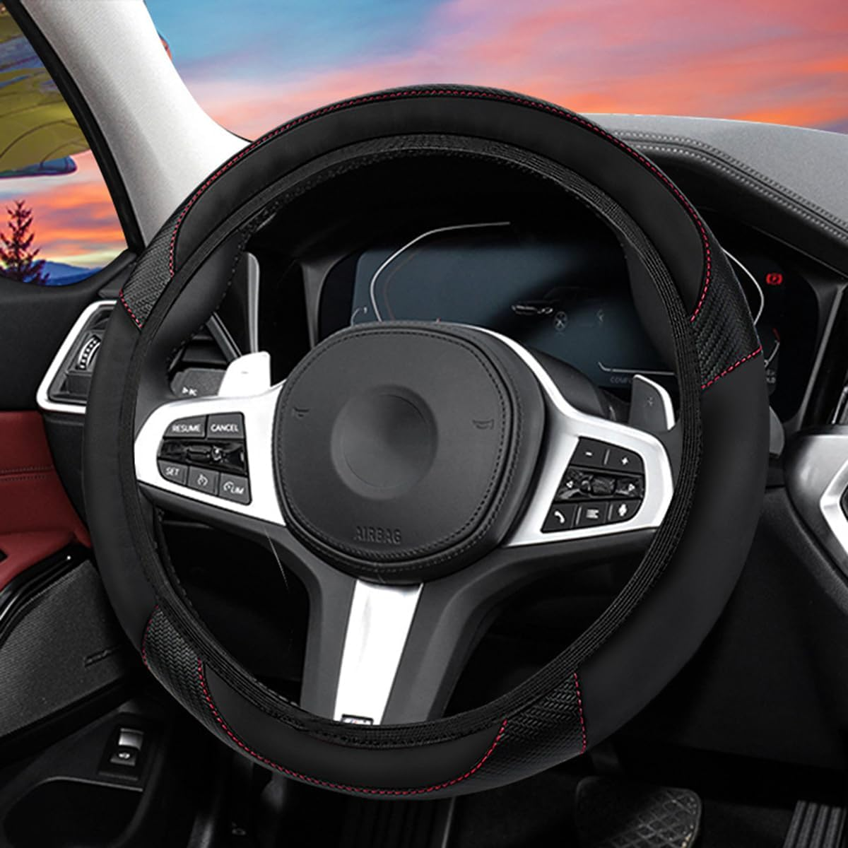 Bittwee Car Steering Wheel Cover, Anti-Slip PU Leather & Carbon Fiber Steering Wheel Protector, Universal 14.5-15 Inch, Automotive Interior Accessories, Fit for Most Cars Suvs (Orange)