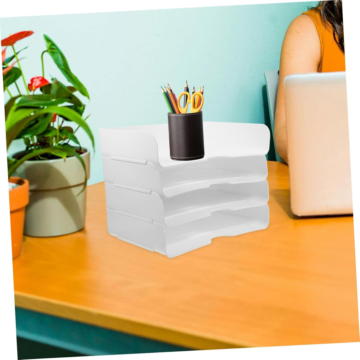 Gadpiparty 4Pcs Stackable Paper Tray Organizer Desktop Storage Box for Office File Trays Paperwork Sorter Organizer Desk Paper image number 1